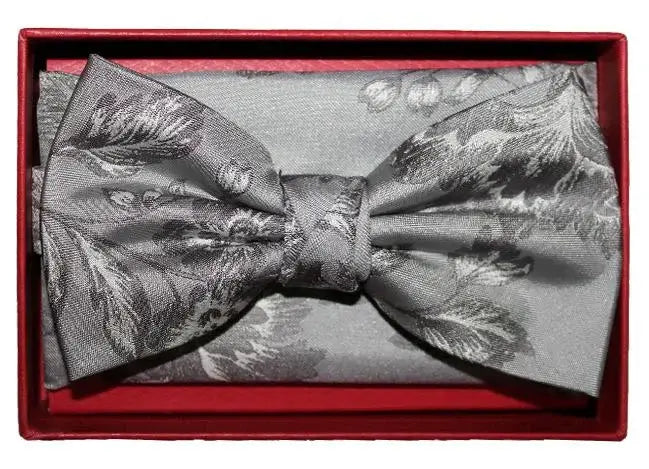 L.A. Smith Grey Floral Silk Bow Tie and Pocket Square Set - Elegant Wedding, Prom & Formal Accessories for Men