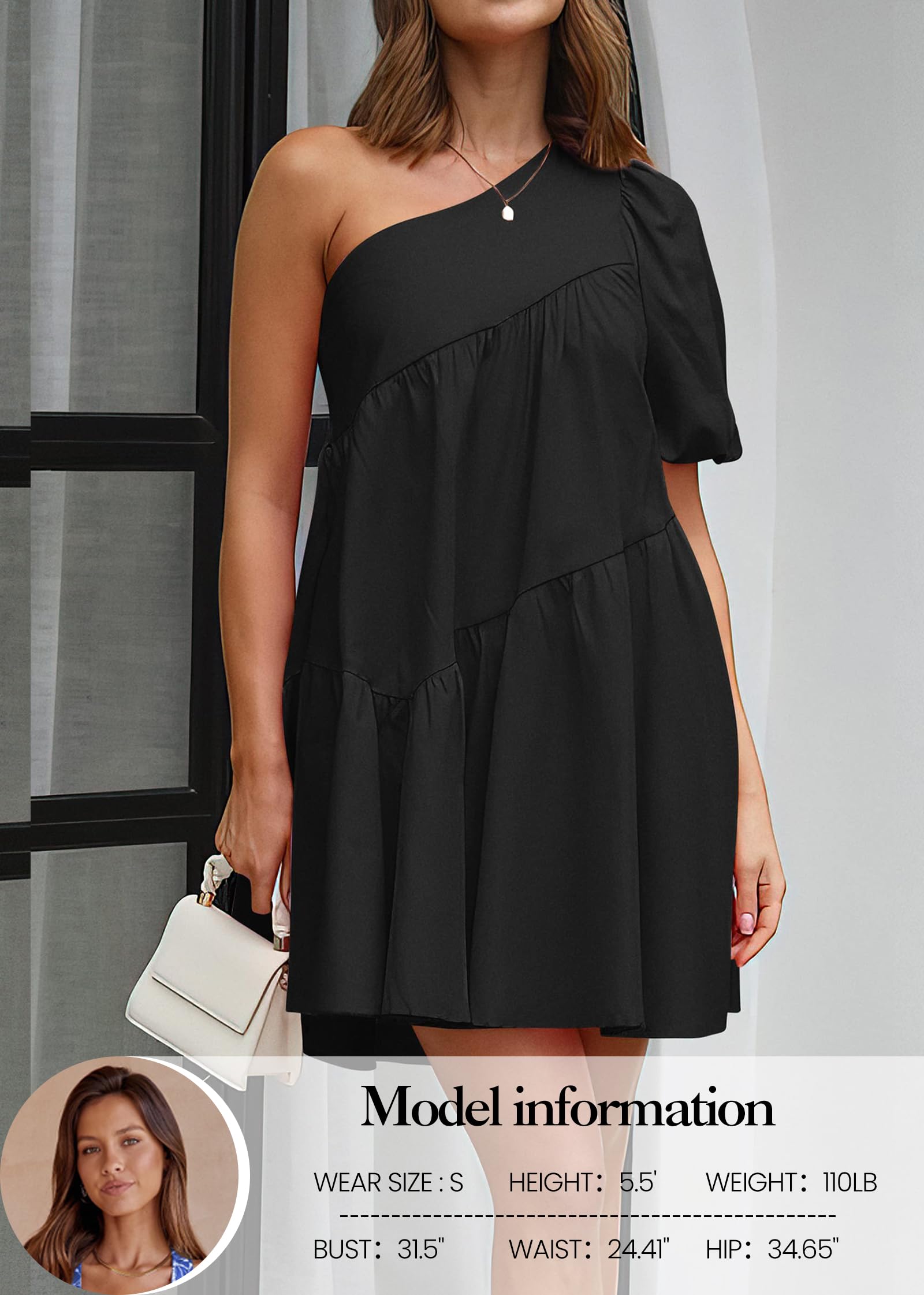 KIRUNDO Women's 2025 Summer One Shoulder Mini Babydoll Dress with Puff Sleeves - Loose Tiered A-Line Flowy Short Dress for Beach, Party & Casual Wear