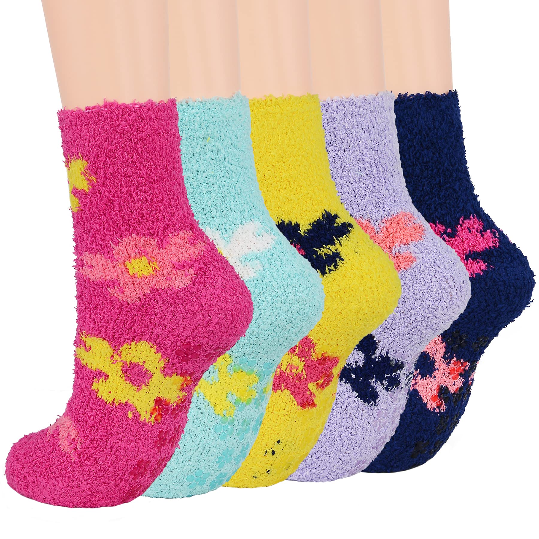 Zando Women's Fuzzy Gripper Socks - Warm, Cozy & Anti-Slip Fluffy Socks with Non-Slip Grips | Super Soft Winter Socks for Indoor & Outdoor Wear | Cute Floral Design, One Size Fits Most