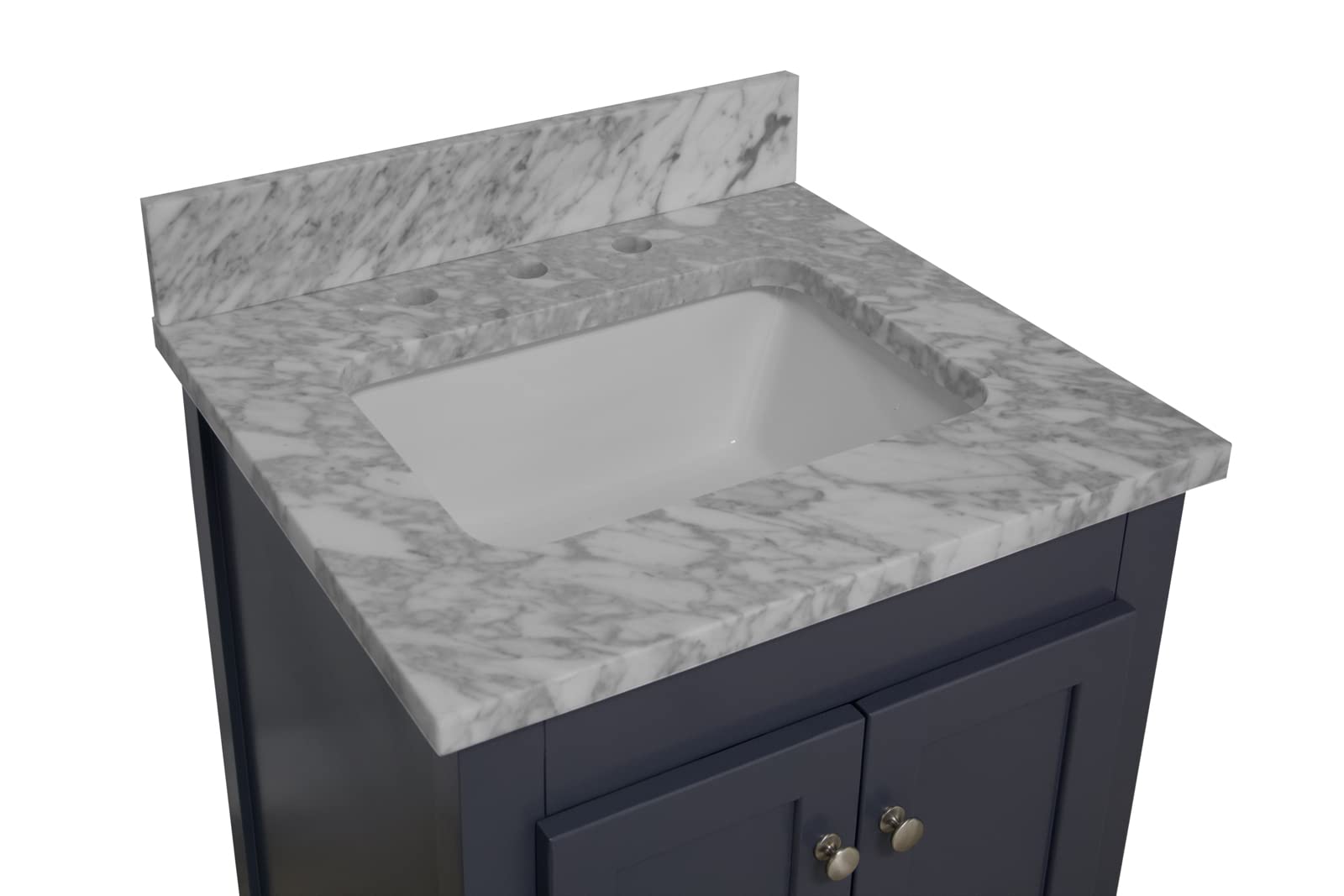24-Inch Bathroom Vanity with Carrara Marble Top – Marine Gray Cabinet & White Ceramic Sink | Modern Bathroom Storage Solution for Small Spaces | Perfect for Apartments, Guest Bathrooms & Powder Rooms