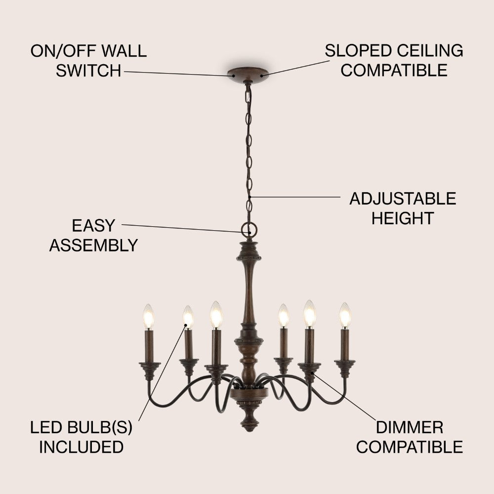 Oakley 25-Inch Midcentury Modern Farmhouse Iron LED Chandelier - Rustic Lighting Fixture for Dining Room, Kitchen Island & Entryway