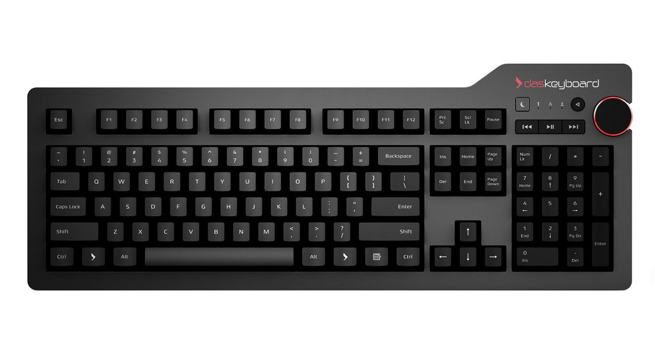 Das Keyboard 4 Professional Wired Mechanical Keyboard with Cherry MX Blue Switches - 2-Port USB 2.0 Hub, Laser-Etched Keycaps & Volume Knob - Aluminum Frame (104 Keys, Black) - Perfect for Gaming, Coding & Office Work