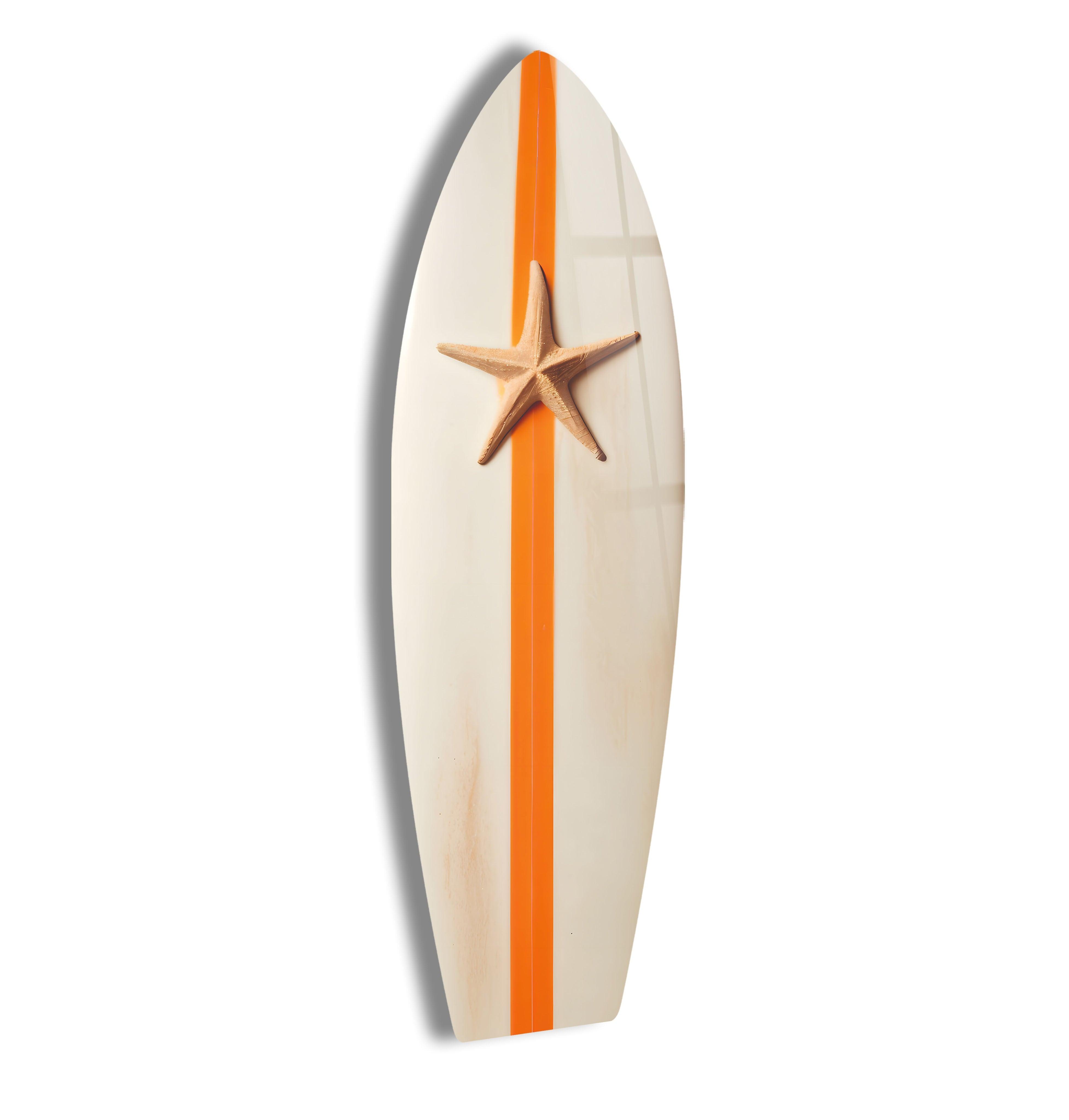 Beach Sea Star Surfboard Wall Art - Coastal Decor for Living Room, Bedroom & Office - Nautical Themed Handmade Wooden Surfboard Decor