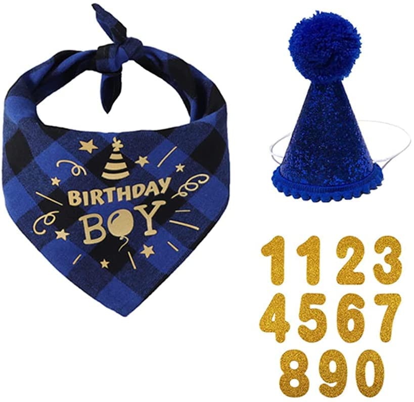 Dog Birthday Party Set - Cute Dog Bandana Scarf with Birthday Hat & Banner - Blue Dog Birthday Supplies for Small & Large Dogs - Perfect for Puppy Birthday Celebrations & Photo Shoots