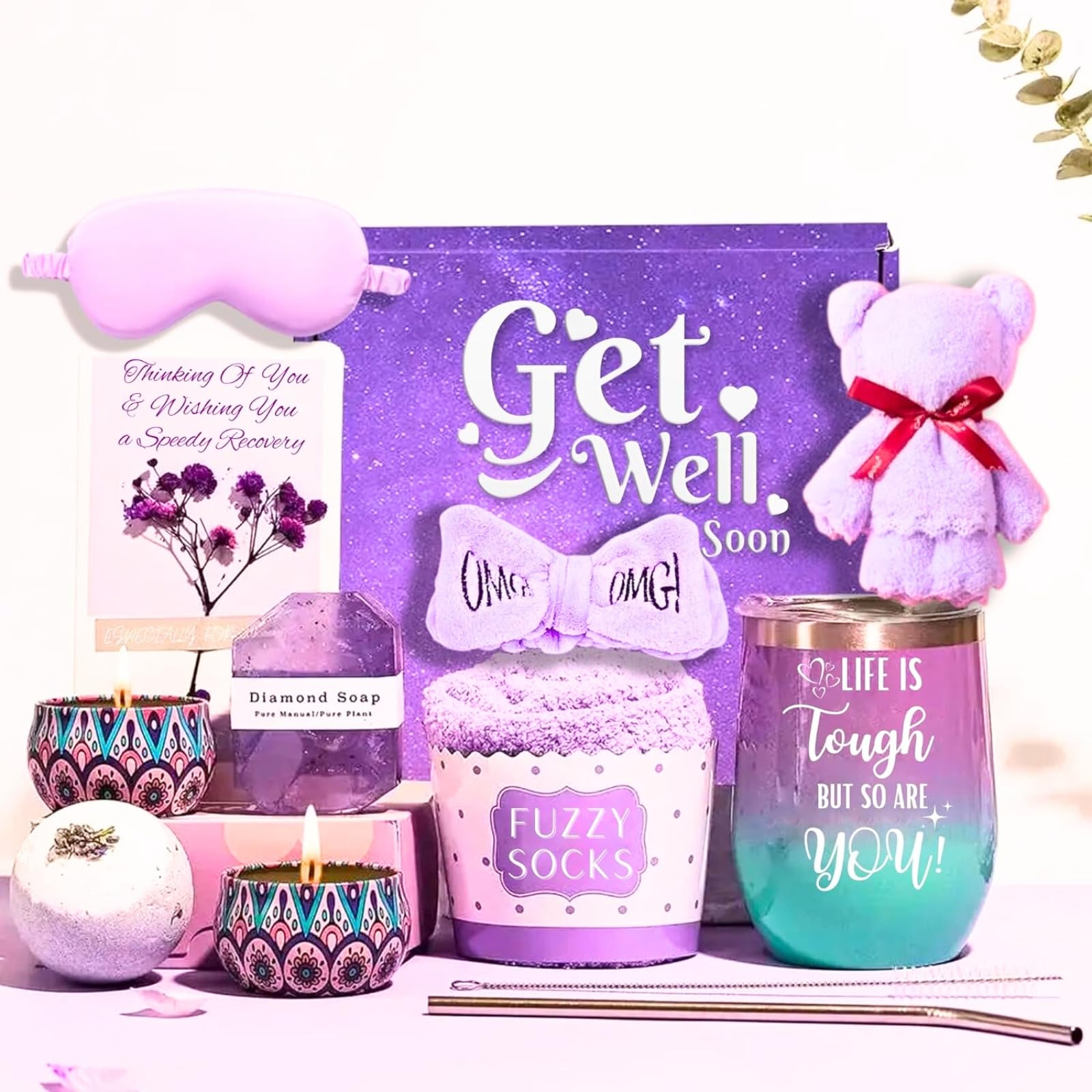 13-Piece Lavender Get Well Soon Gift Basket for Women - Self Care Package for Sick Friend, Mom, Sister - Post Surgery Recovery Gift with Dried Flowers - Perfect for Hospital, Home Care & Speedy Recovery