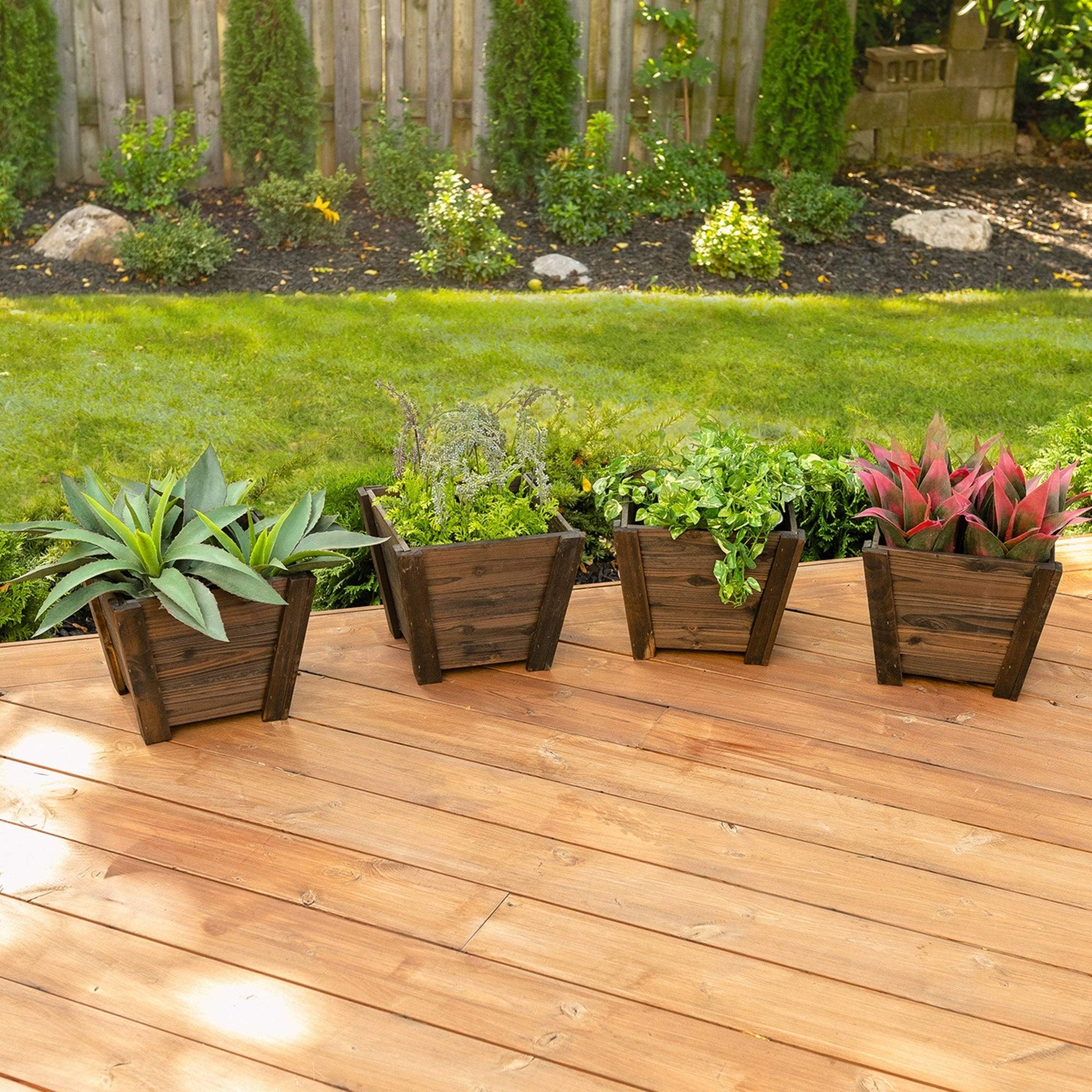 4 Pack Tapered Wooden Planters for Indoor & Outdoor Plants - Modern Home & Garden Decor for Succulents, Herbs, Flowers - Perfect for Patio, Balcony, Living Room Decor