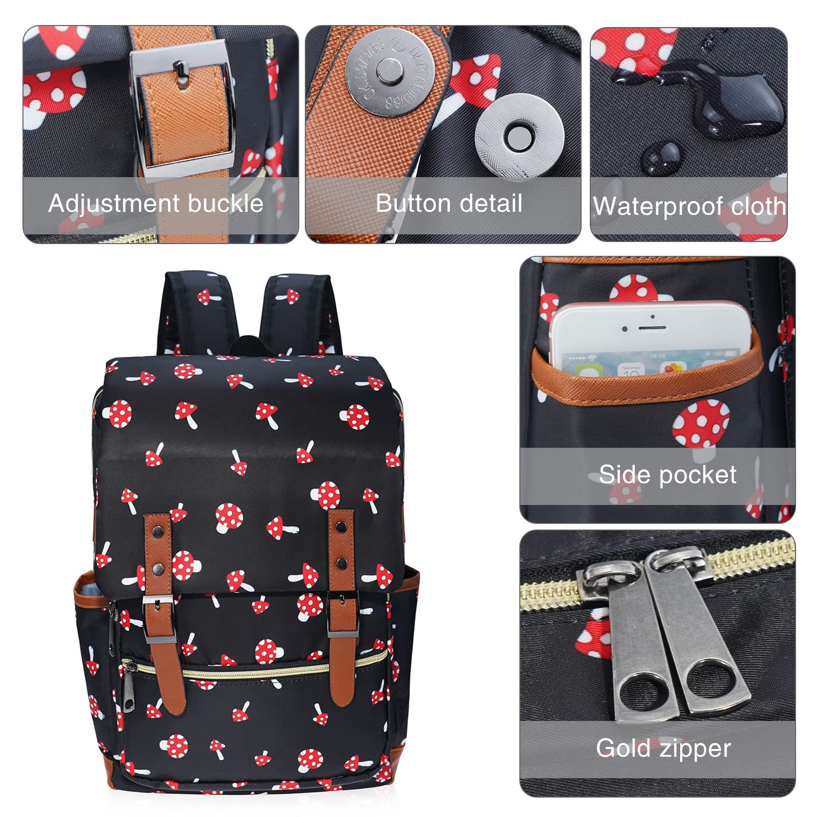 MCWTH Stylish Mushroom Print Backpack for Girls & Women - 15.6 Inch Laptop School Backpack, College Bookbag for Travel, Work & Daily Use | Perfect for School, Office & Commuting