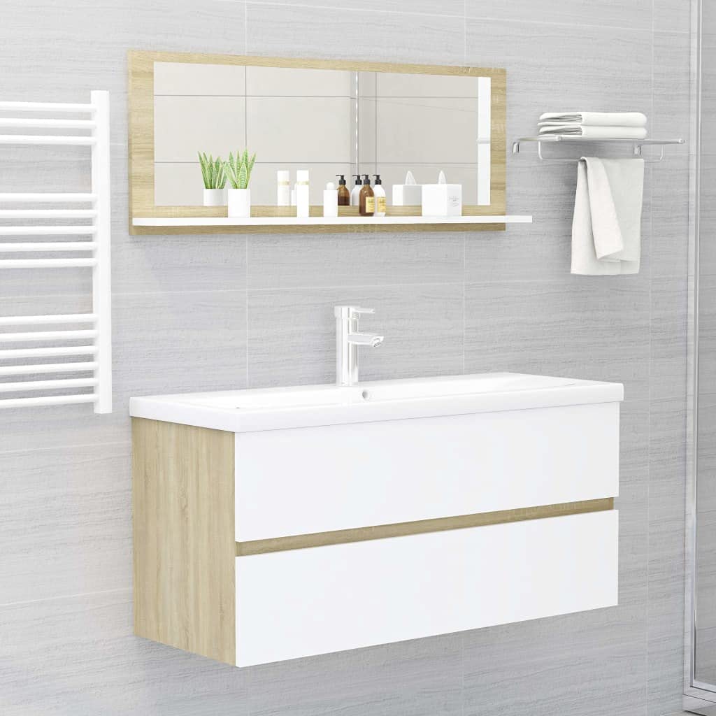 Wall Mounted Acrylic Bathroom Mirror with Open Shelves - White & Sonoma Oak (39.4
