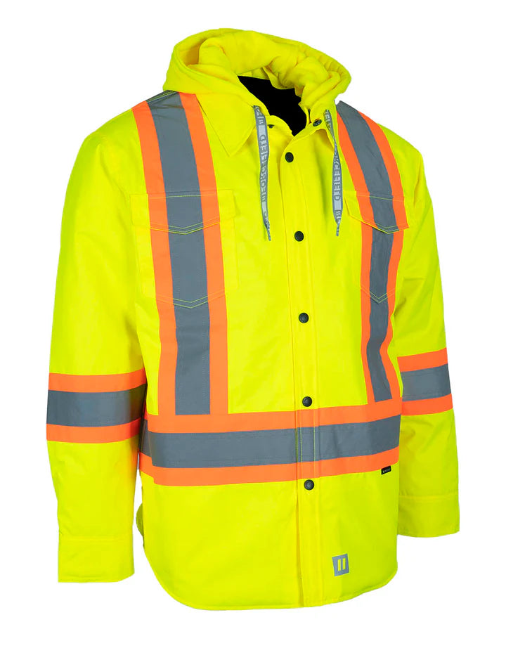Forcefield Hi-Vis Hoodie Shacket with Detachable Hood - Reflective Safety Workwear for Construction & Outdoor Activities | OSHA Compliant Work Jacket for Men & Women