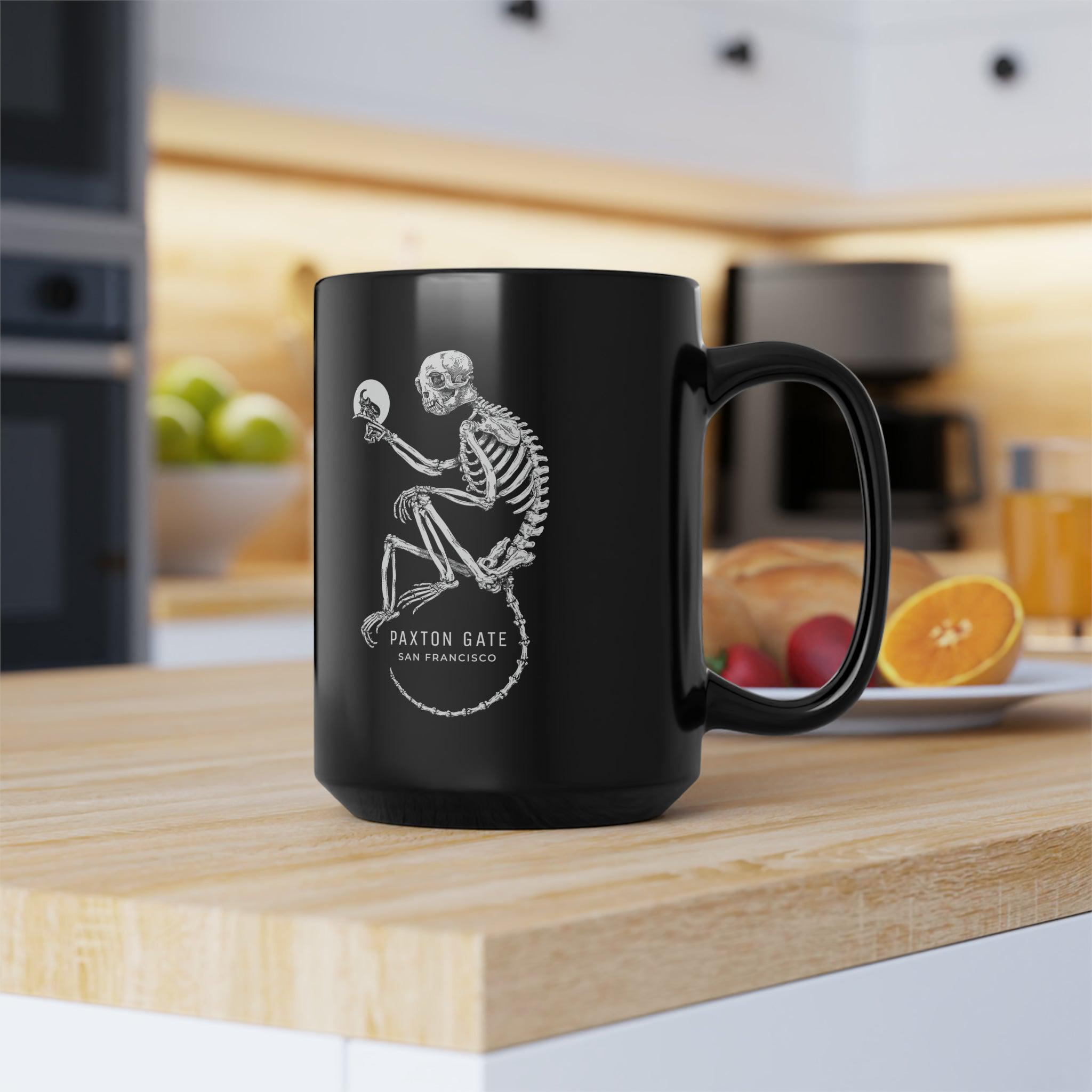Zoe Keller Black Skeletal Monkey Mug - Unique Gothic Coffee Cup for Halloween, Dark Aesthetic Home Decor, Perfect for Coffee & Tea Lovers