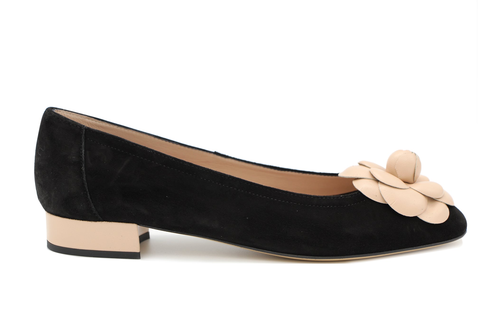 FABUCCI Women's Black Suede Ballet Flats with Contrast Flower Design - Comfortable Slip-On Shoes for Work, Office & Casual Outfits