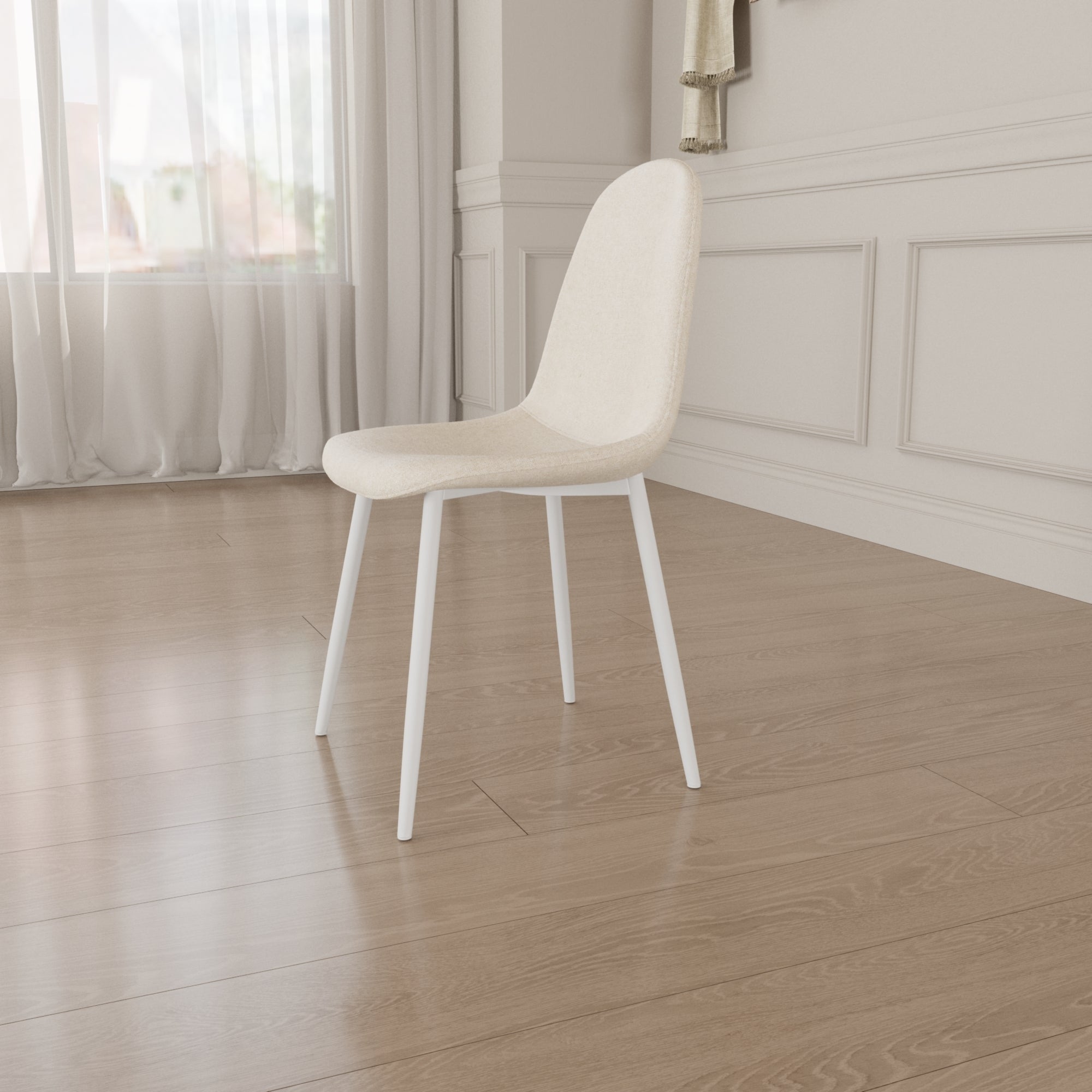 Modern Dining Chair Set of 4 - Linen Upholstered Spoon Back Accent Chairs with White Metal Legs for Kitchen & Dining Room - Beige | Perfect for Home Decor, Small Spaces & Entertaining Guests