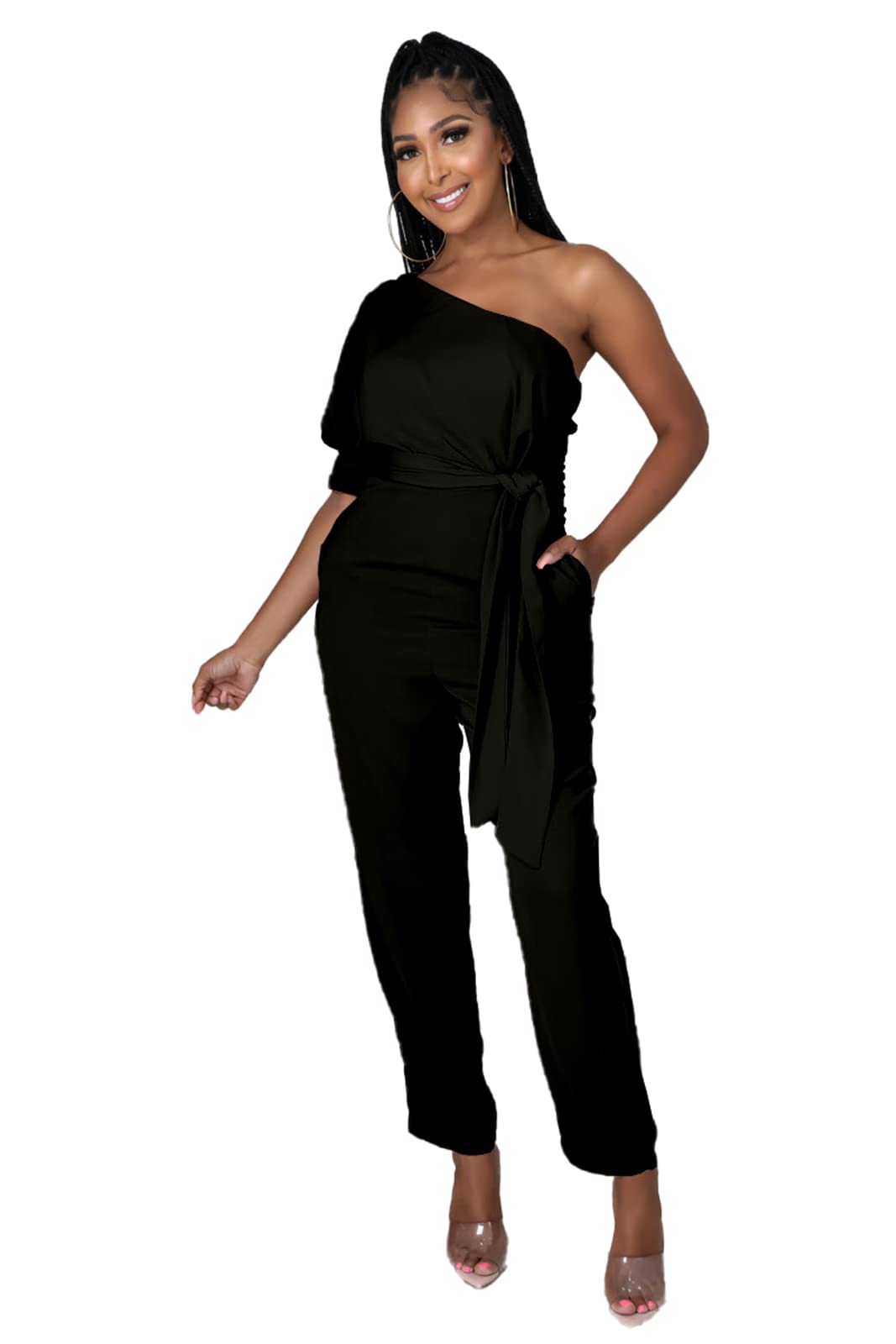 DeftSharp 2025 Women's Sexy Cocktail Party Romper - Back Zip Belt Long Jumpsuit for Clubwear, Casual Work & Night Out | Perfect for Parties, Dating & Office Events