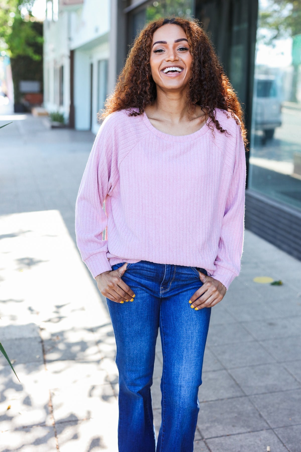 Soft Mauve Ribbed Brushed Hacci Sweater for Women | Cozy Knit Pullover | Perfect for Fall & Winter Layering, Casual Outings & Office Wear