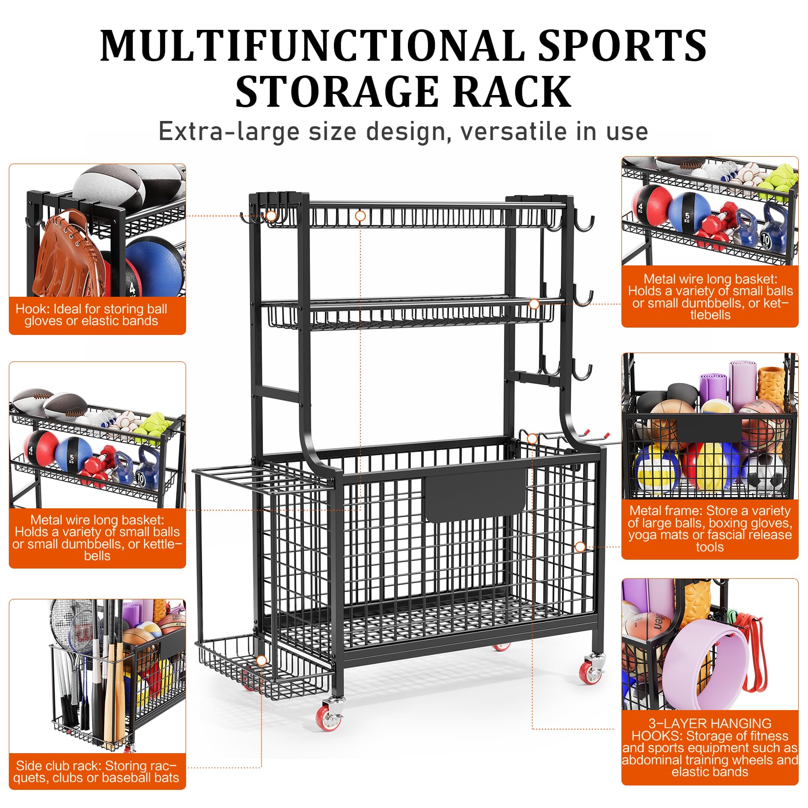 Heavy Duty Garage Storage Rack for Sports Equipment - Rolling Ball Organizer with Wheels, Hooks & Baskets - Golf Bag Stand, Basketball & Football Holder - Perfect for Indoor/Outdoor Use in Garages, Basements & Playrooms