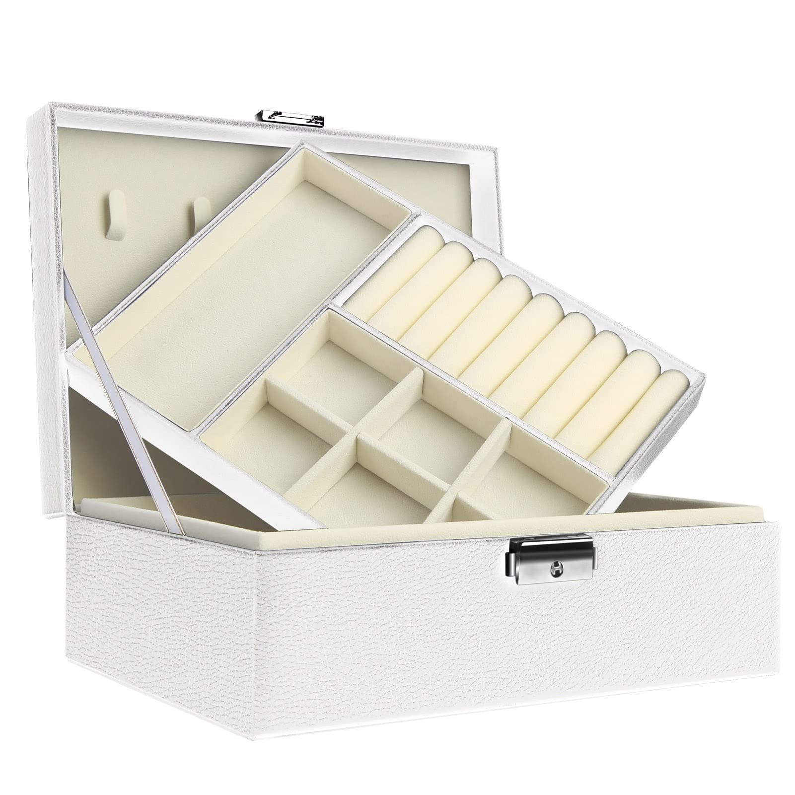 YAYA2021-SHOP 2-Tier Lockable Jewelry Organizer Box - Large Travel Jewelry Storage Case for Women with Display Stand - Holds Earrings, Rings, Necklaces & Bracelets - Perfect for Home, Travel & Gift Giving (White)
