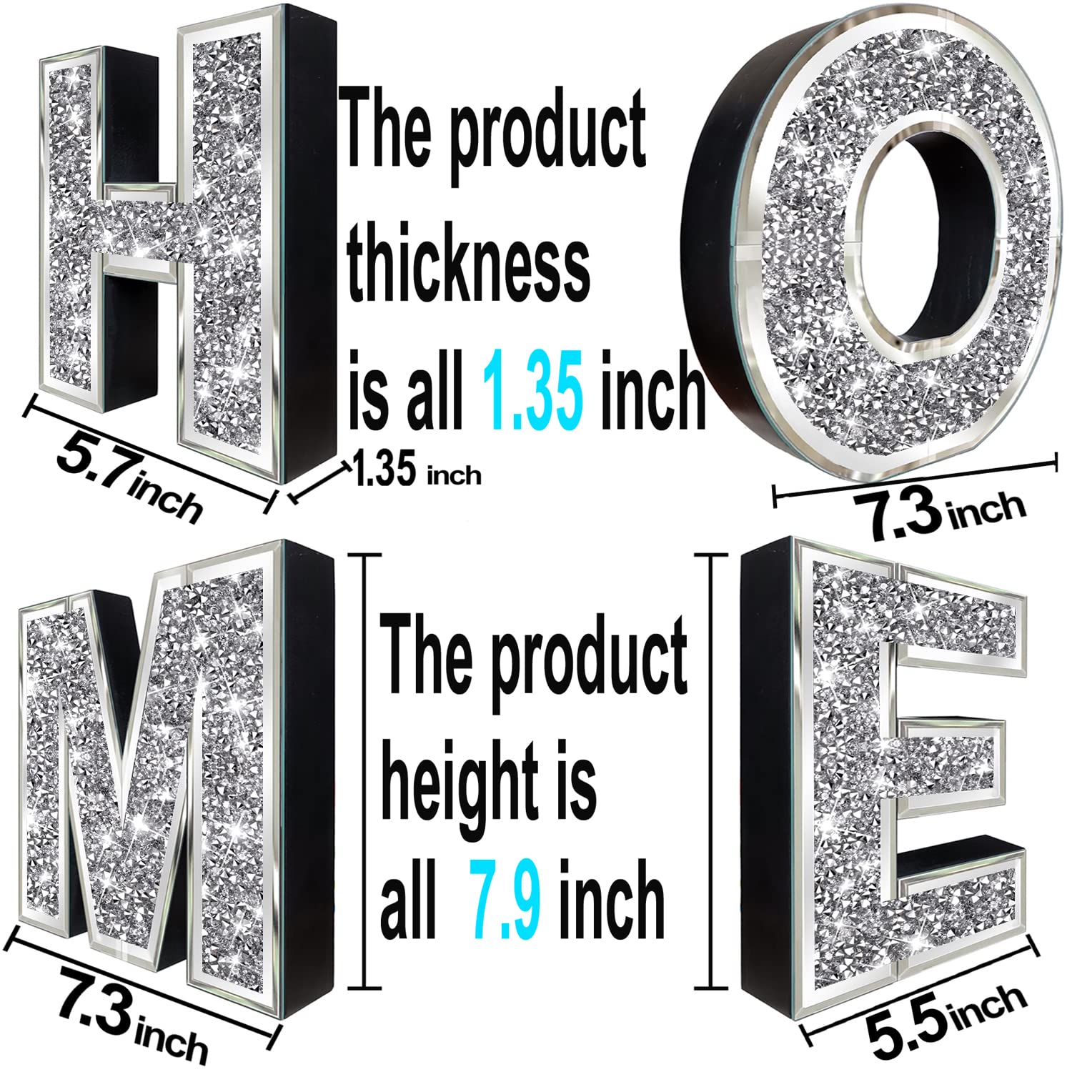 4-Piece Glam Crystal Diamond Letter Set - Silver Mirror Glass Home Decor for Wall, Fireplace, Bookshelf & Table - Perfect for Wedding, Birthday Party & Room Decoration