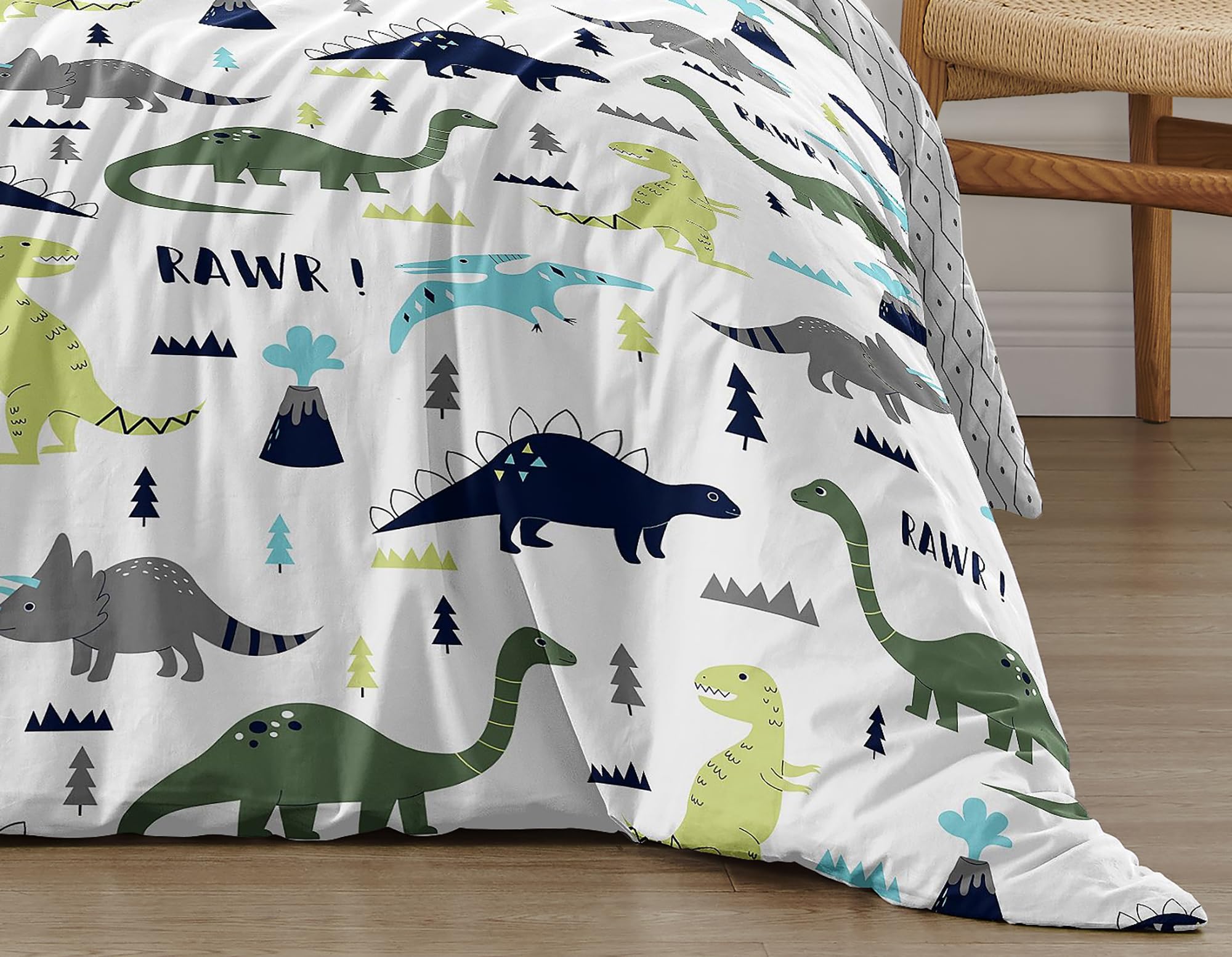 Modern Navy Blue & Green Dinosaur 4-Piece Twin Bedding Set for Boys & Girls - Kids' Bedroom Decor, Dino Themed Room, Teen Bedroom Essentials, Soft & Comfortable Bed Sheets for Children's Room