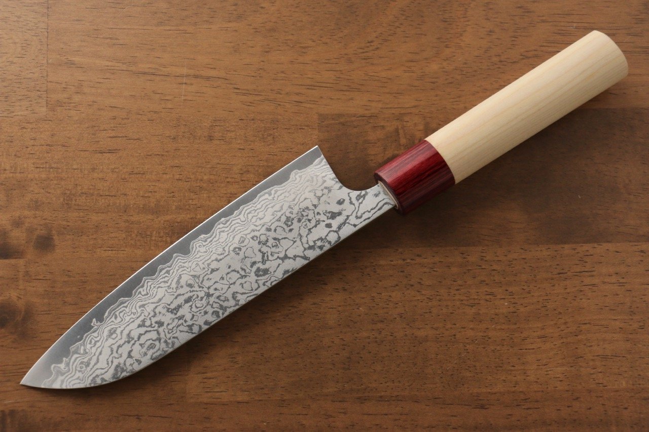 Masakage Kiri VG10 Damascus Santoku Knife 170mm - Japanese Magnolia Wood Handle - Professional Chef Knife for Slicing, Dicing & Chopping Vegetables, Meat & Fish