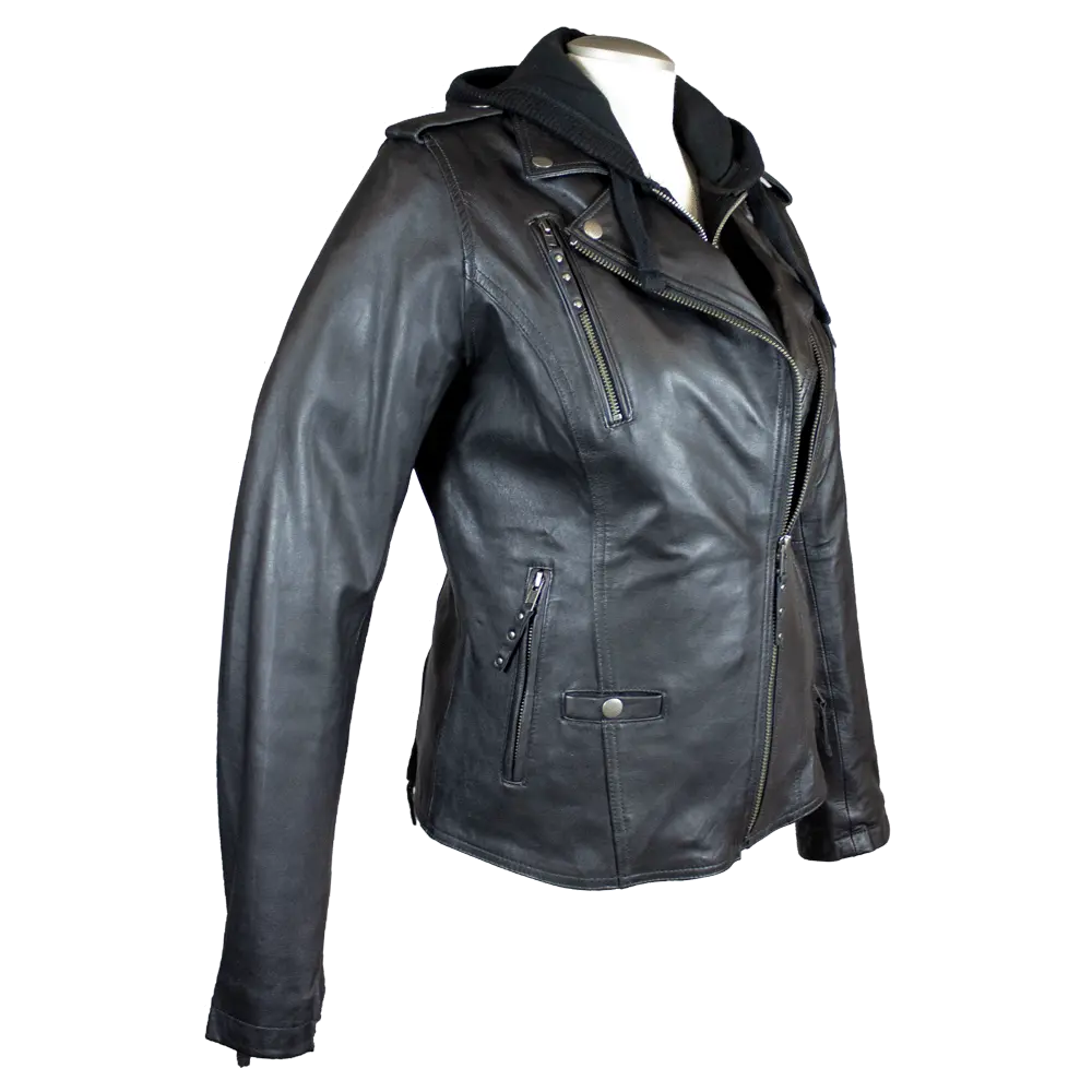 Open Road Women's Hooded Classic Leather Motorcycle Jacket - Stylish Biker Jacket for Riding & Casual Wear - Perfect for Motorcycle Enthusiasts & Fashion Lovers