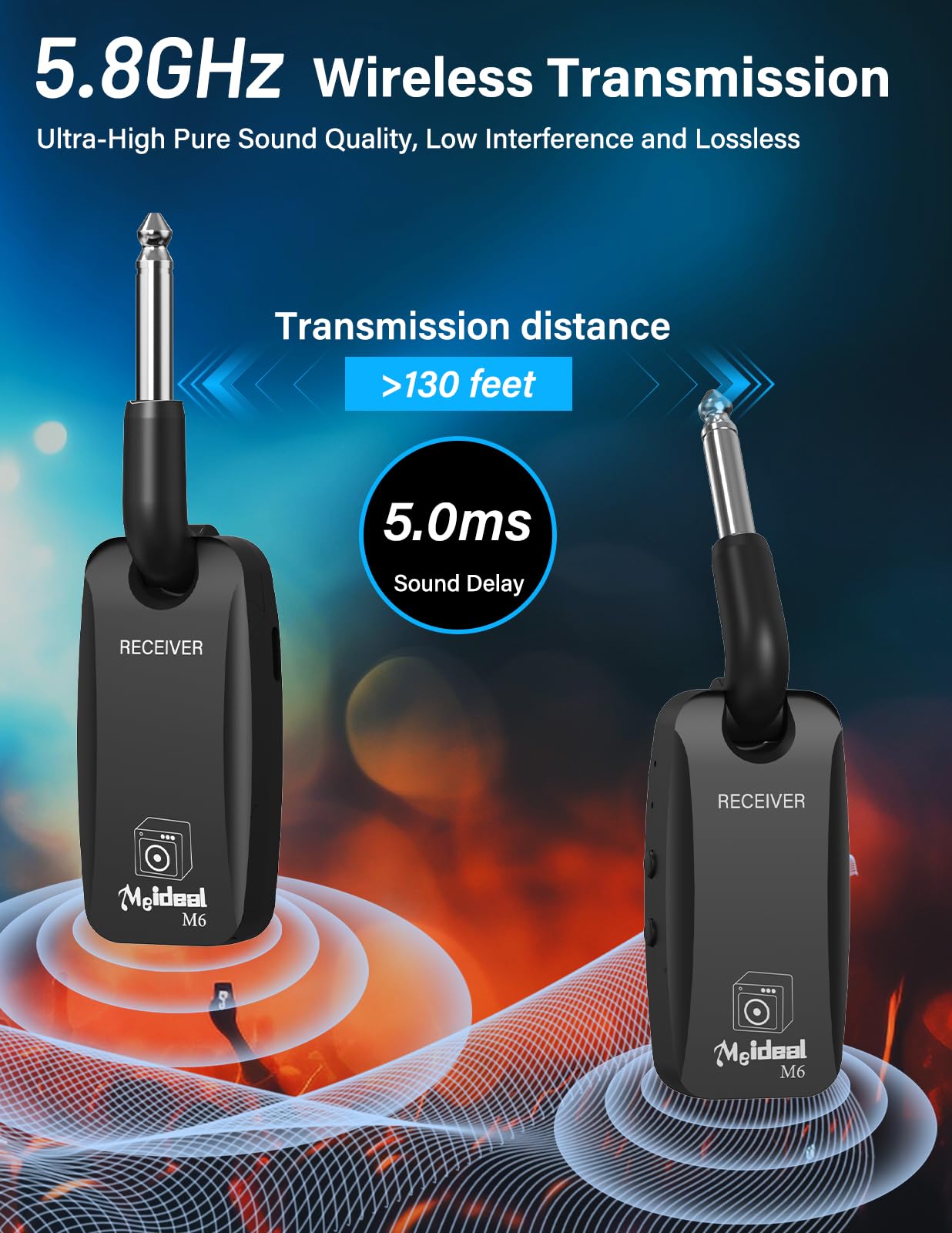 Housiwill 5.8GHz Wireless Guitar System - Rechargeable Transmitter & Receiver for Electric Guitar & Bass - Professional Audio Equipment for Live Performances & Studio Recording
