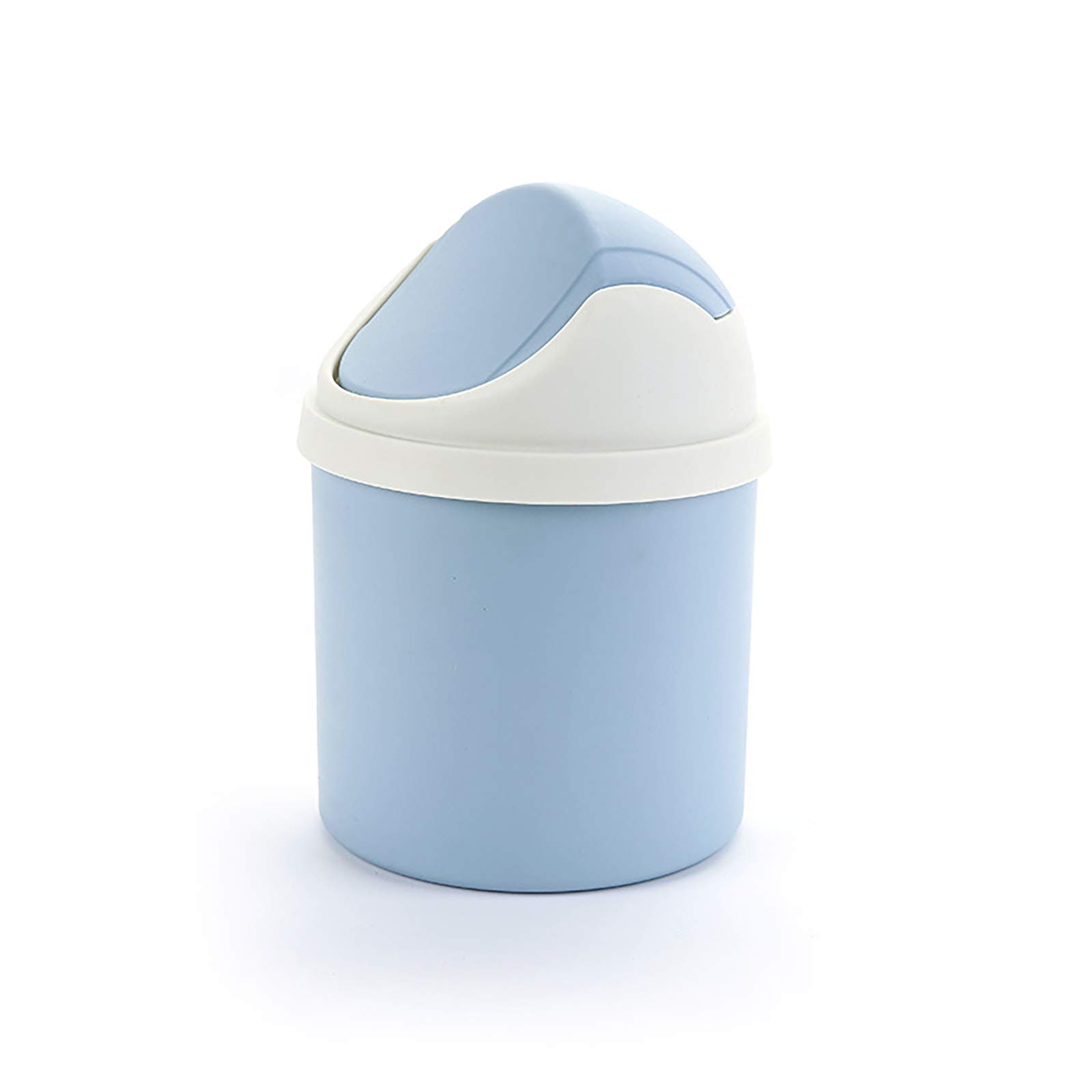 Mini Desktop Trash Can with Swing Lid - Stylish Lace Polka Dot Small Waste Bin for Office, Bathroom, Bedroom | Round Tabletop Garbage Can for Home & Kids Room (Blue) | Perfect for Desks, Nightstands & Vanities