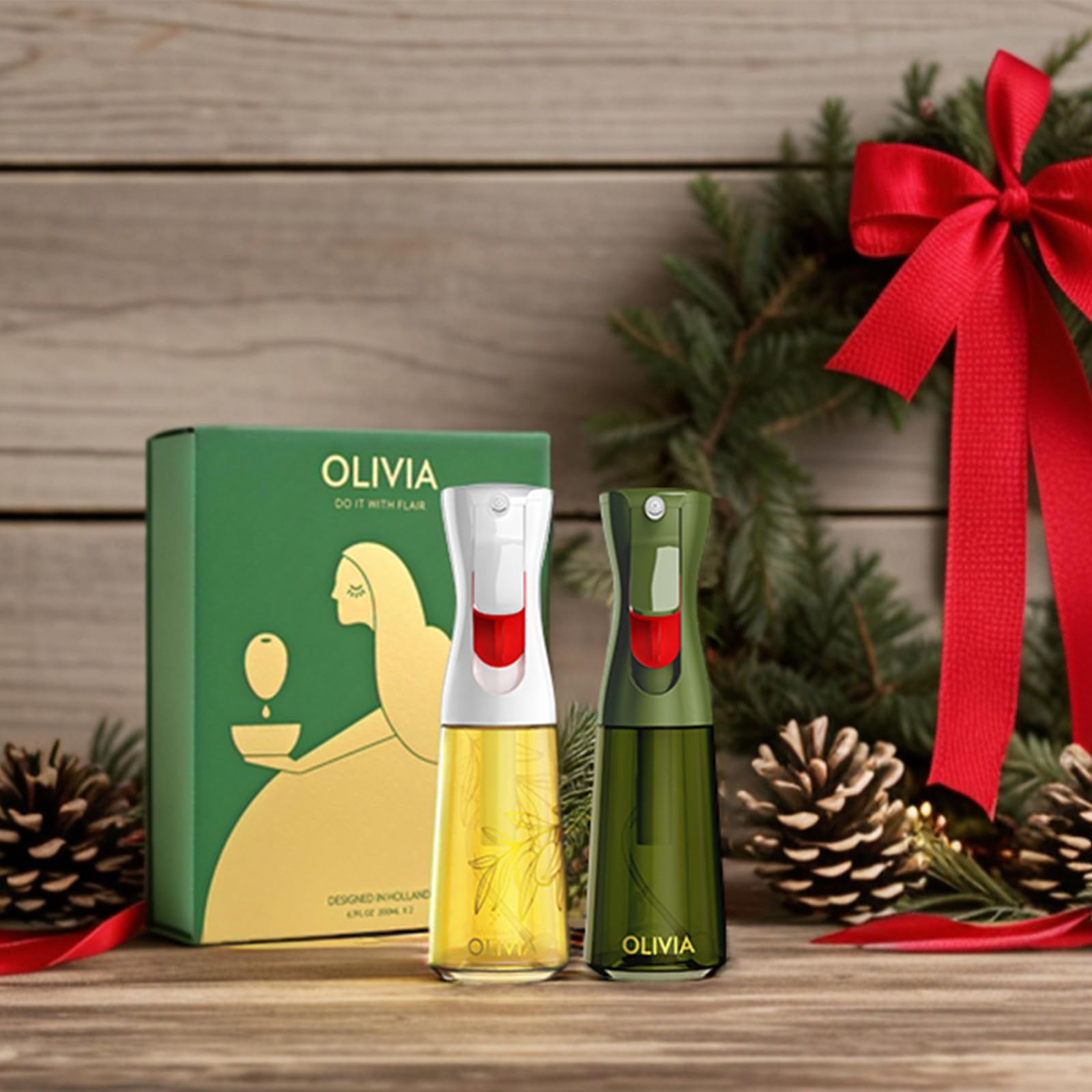Premium FLAIROSOL OLIVIA 2-Pack Glass Oil Sprayer Set (200ML) - Perfect for Cooking, Air Fryer, Salad Dressing & BBQ - Continuous Mist Olive Oil Dispenser with Portion Control - Kitchen Essential (White & Green)