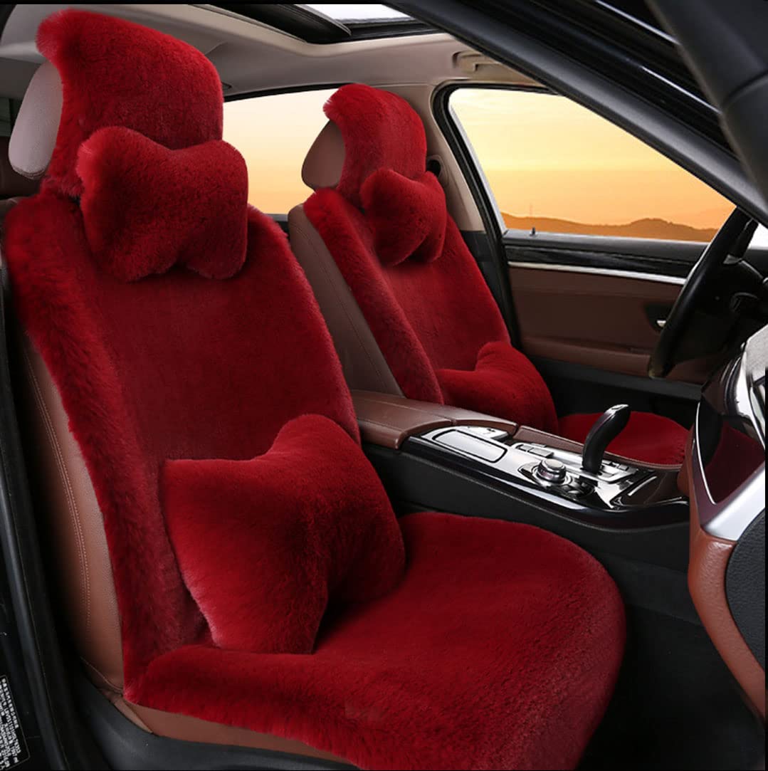 Muchkey Universal Faux Rabbit Fur Car Seat Covers - 2 PCS Front Seat Cushions with Pillows, Warm & Fluffy for Lexus, SUV, Trucks (Red) - Perfect for Winter Comfort & Luxury Car Interior Upgrade
