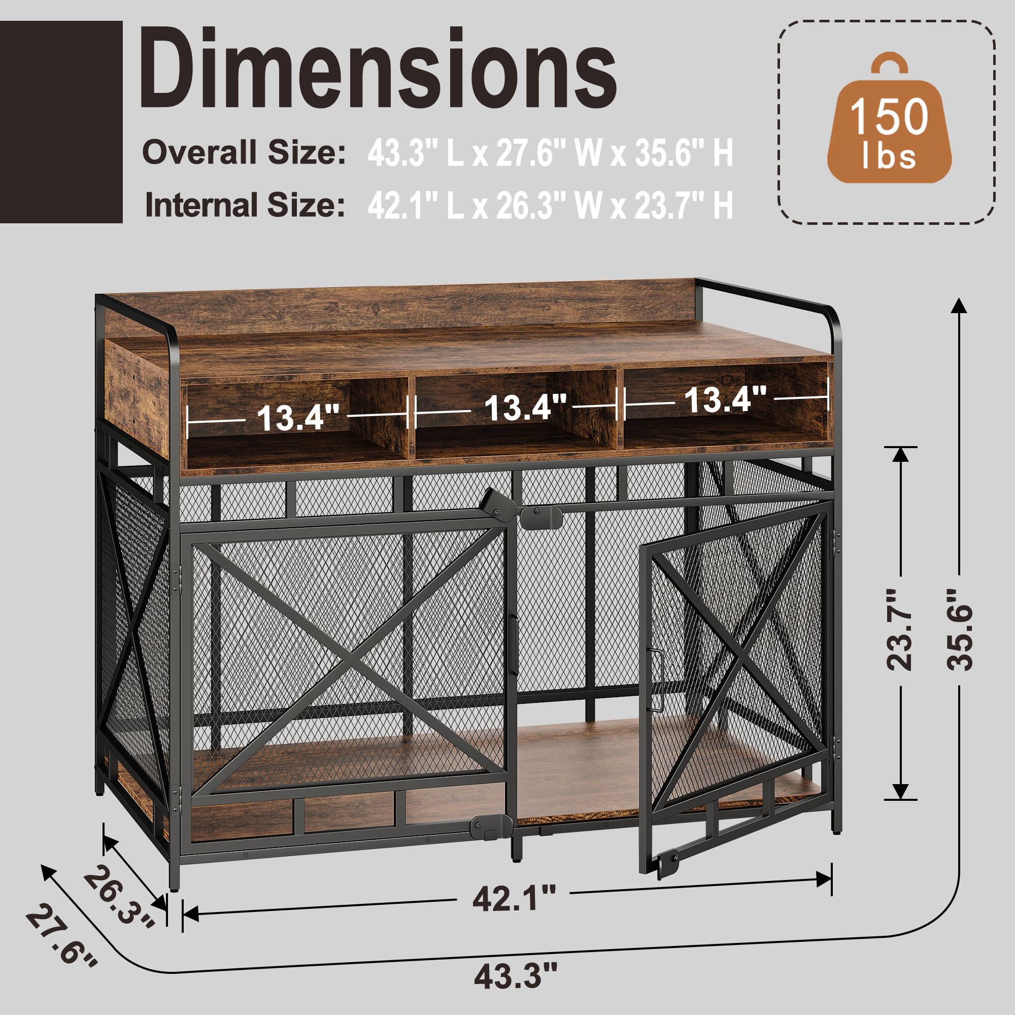 Stylish Rustic Brown Wooden Dog Crate Furniture - 43 Inch Heavy Duty Pet Kennel with Drawers, Multi-Functional End Table for Living Room & Bedroom - Indoor Dog Cage 43.3