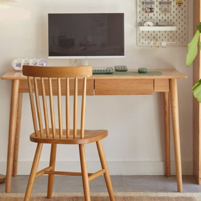 Solid Oak Wood Office Desk with Spindle-Shaped Slanted Legs - Modern Home Office Furniture for Work & Study