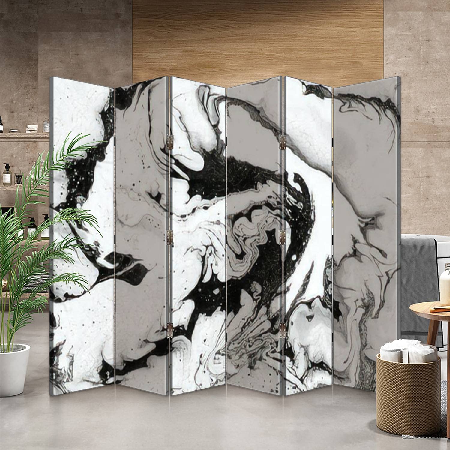 Abstract Black Ink Water Marble Canvas Room Divider - 6-Panel Folding Privacy Screen with Multicolor Design | Perfect for Home Office, Living Room Partition & Bedroom Space Separator
