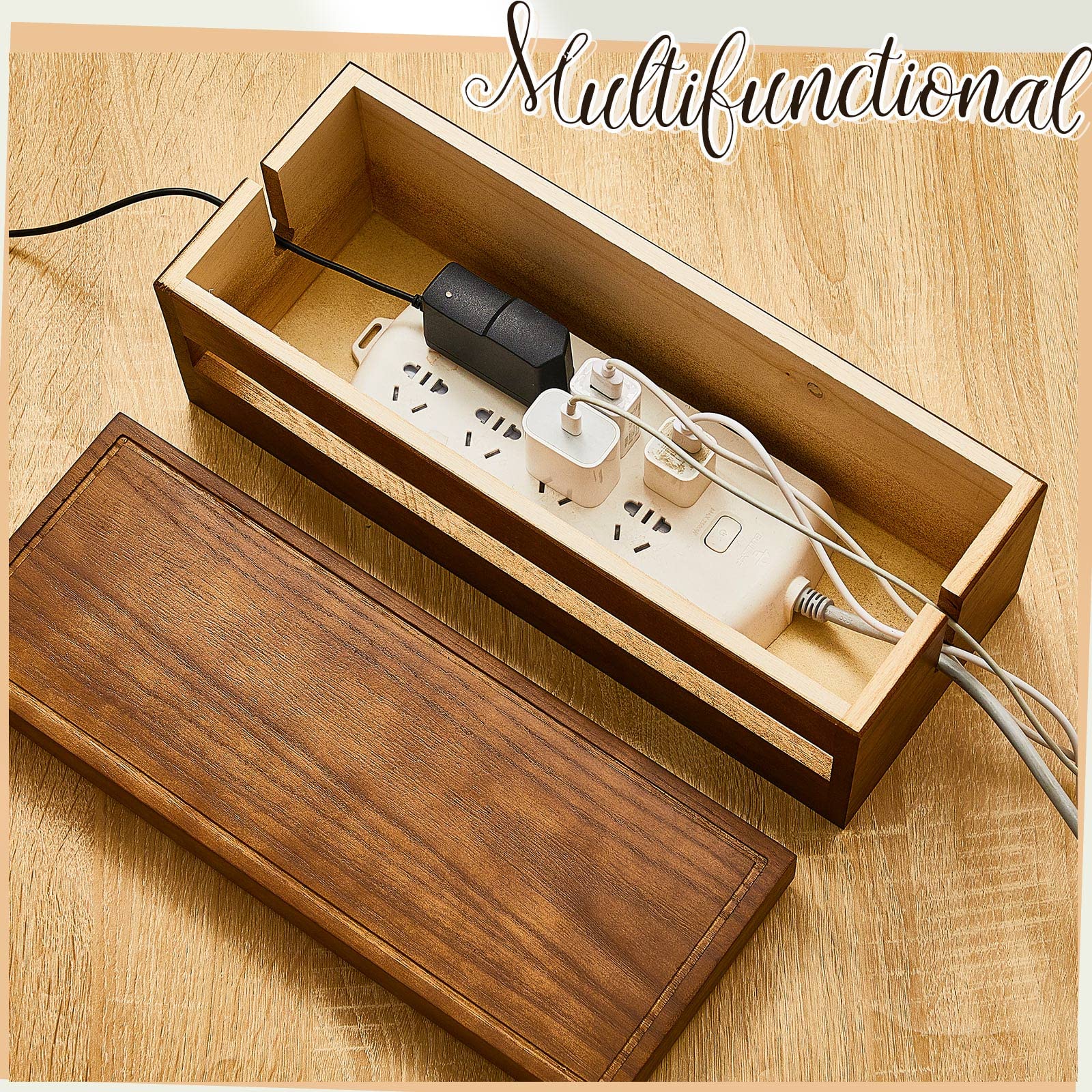 Hoteam 48 Pcs Wooden Cable Management Box Set - Cord Organizer, Power Strip Holder with Adhesive Clips & Sleeves for Home Office Desk (Brown, Large) - Perfect for Organizing Wires Under Desk & TV Stand