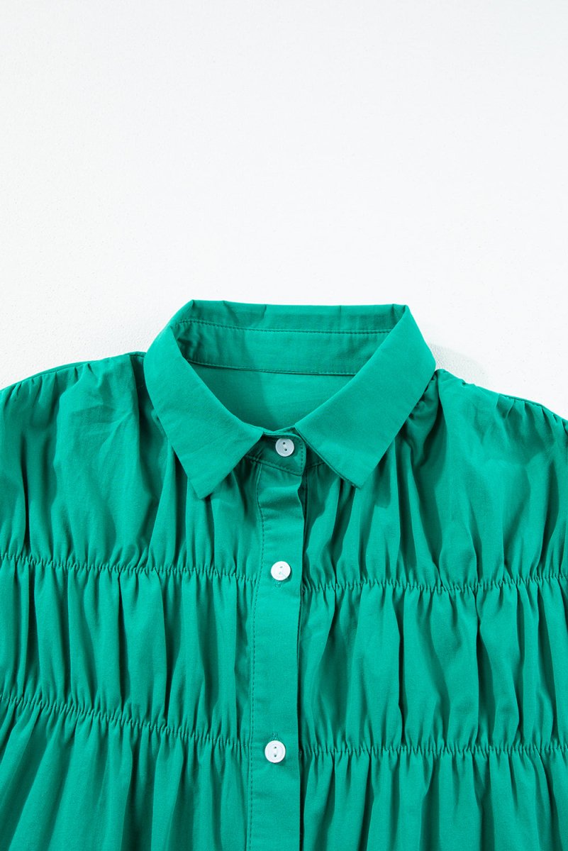 Bright Green Shirred Ruffle Sleeve Button Up Short Dress - Summer Casual Outfit for Beach, Picnic & Date Night