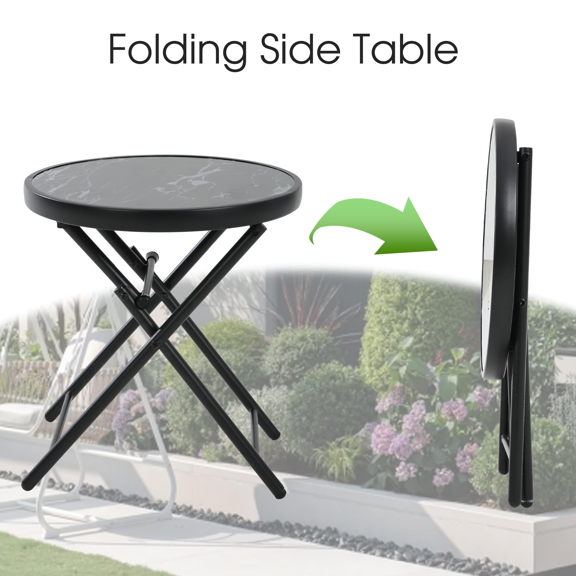 HOMEFUN Outdoor Folding Side Table with Tempered Glass Top - Portable Bistro Coffee Table for Patio, Porch, Yard, Balcony, Garden, Deck & Poolside - Perfect for Outdoor Dining, Relaxing & Entertaining - Black