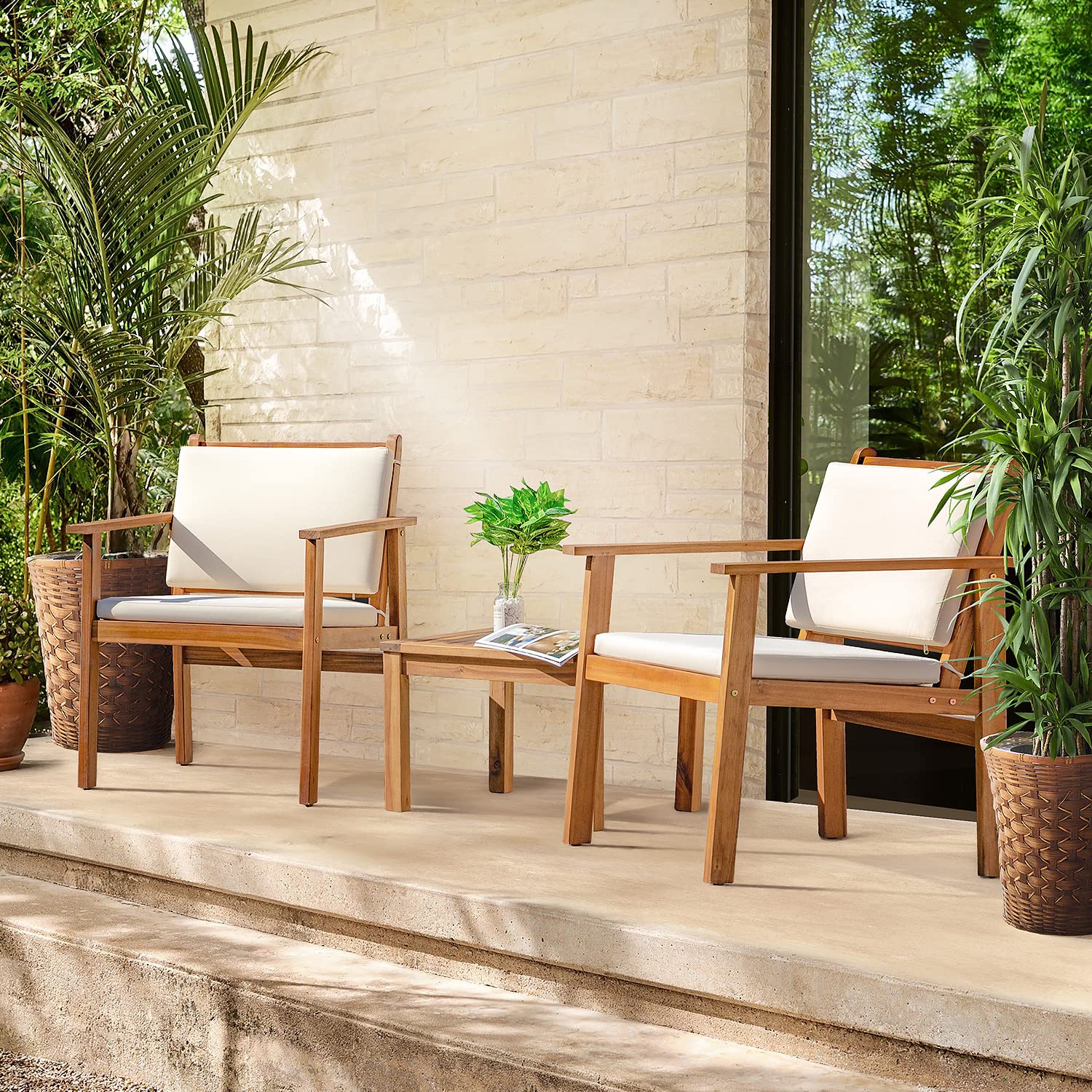 Greesum 3-Piece White Bistro Patio Furniture Set - Outdoor Chat Chairs with Waterproof Cushions & Coffee Table - Perfect for Beach, Backyard, Garden, and Poolside Relaxation