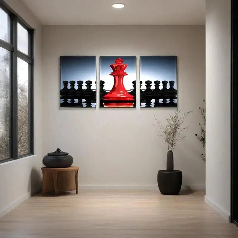 3-Piece Black and Red King & Knight Chess Metal Wall Art - Ready to Hang - Perfect for Game Rooms, Home Office Decor, and Chess Lovers