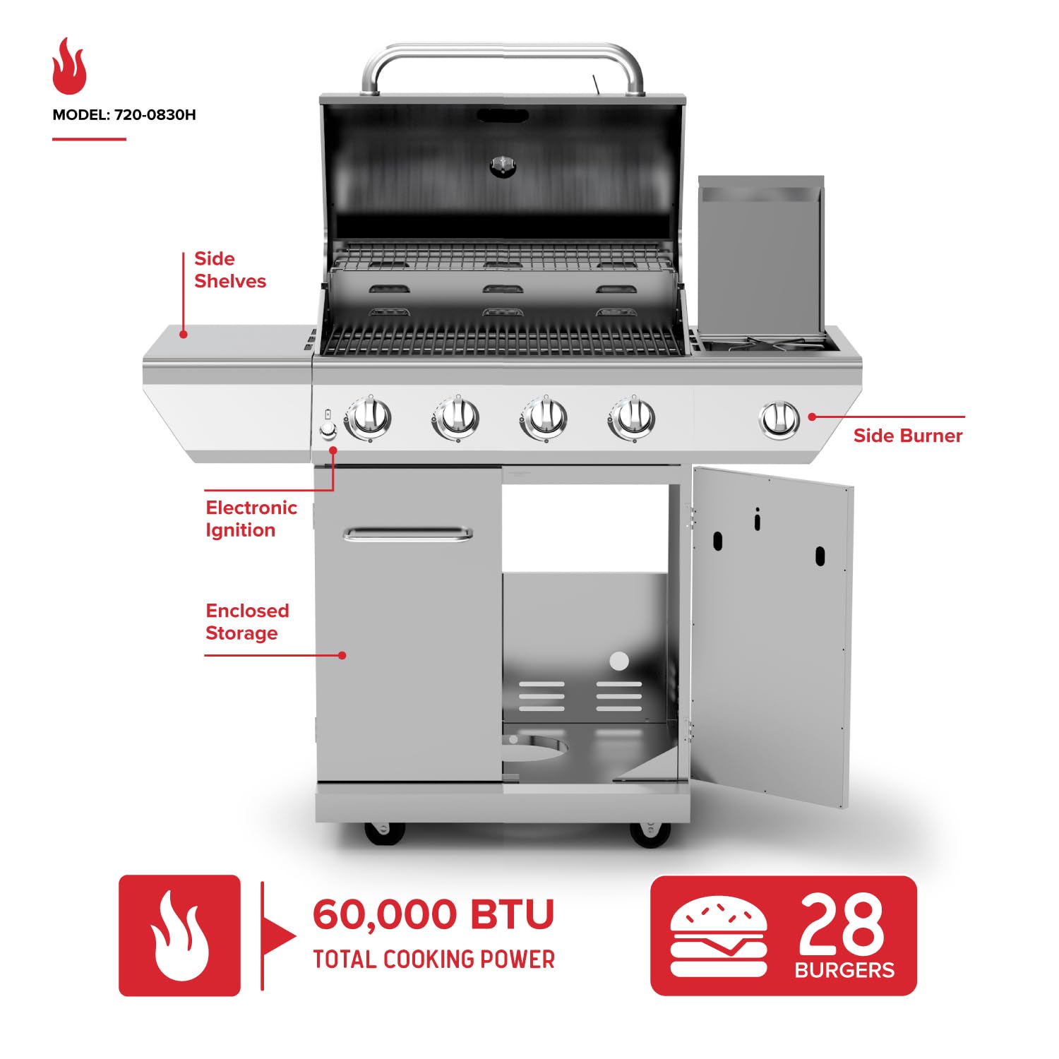 Nexgrill 4-Burner Stainless Steel Propane Gas Grill with Side Burner - 60,000 BTUs, 626 sq. in. Cooking Space - Ideal for Outdoor BBQ, Backyard Parties, Patio Dining & Camping - Silver (Model 720-0830H)