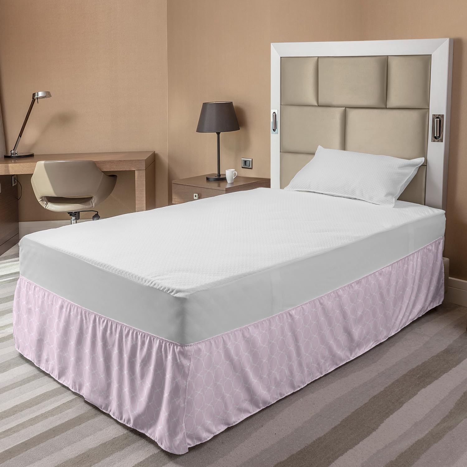 Ambesonne Eastern Bedskirt - Oriental Thin Line Motif Pastel Pink & White Wrap Around Elastic Bed Skirt for Twin/Twin XL - Perfect for Boho, Asian-Inspired & Minimalist Bedroom Decor