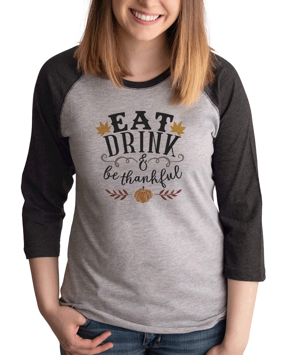 7 ate 9 Apparel Women's Eat Drink Be Thankful Graphic T-Shirt - Casual Thanksgiving Outfit for Family Gatherings & Holiday Parties