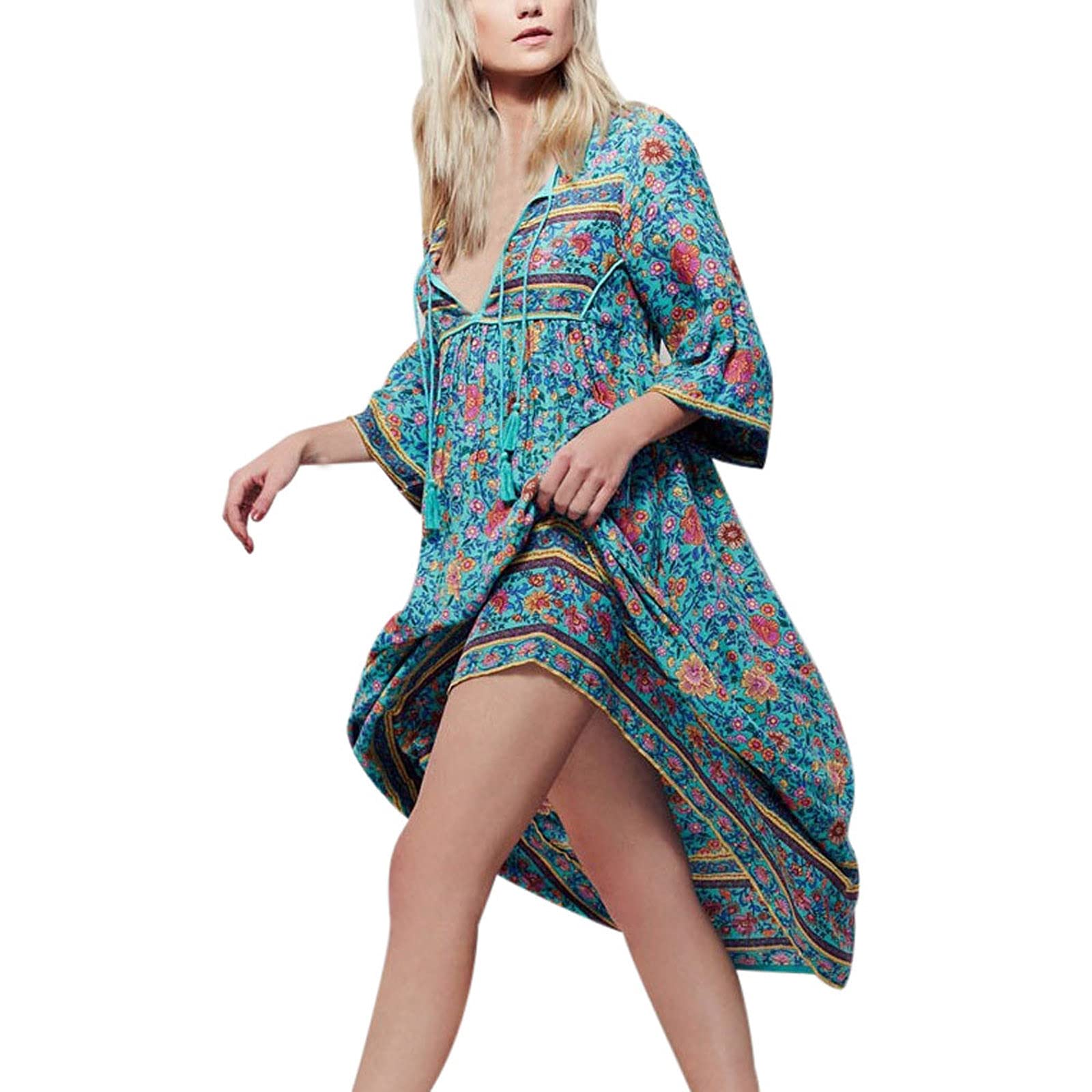 Boho Floral Print Maxi Dress for Women - Elegant Long Sleeve Party & Evening Gown - Perfect for Weddings, Dinners, and Special Occasions