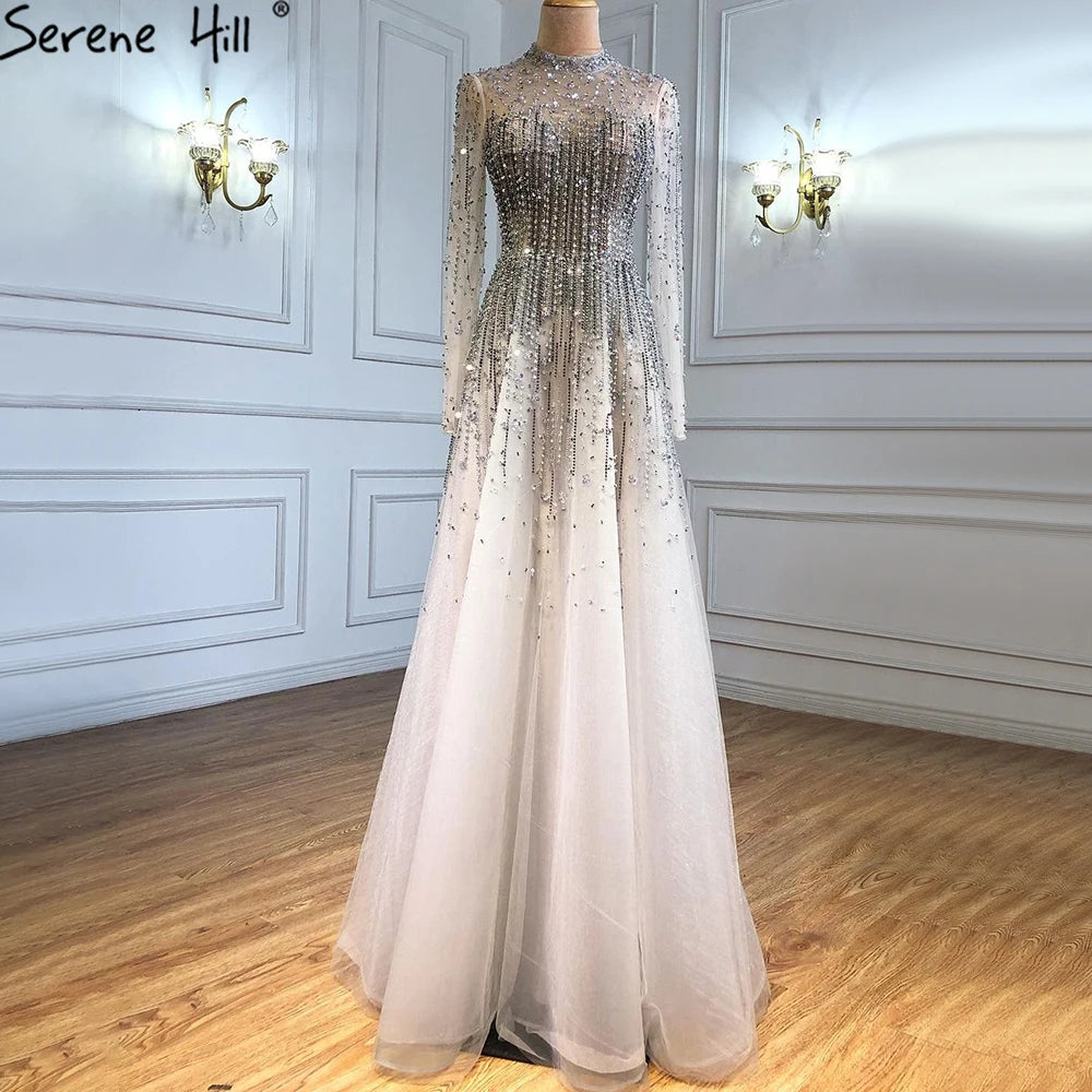 Luxury Sexy Evening Dresses for Women - A-Line Beaded Crystal Lace Gown for Party, Prom & Formal Events | Serene Hill Silver Collection 2025 | LA71227 | Perfect for Weddings, Galas & Special Occasions