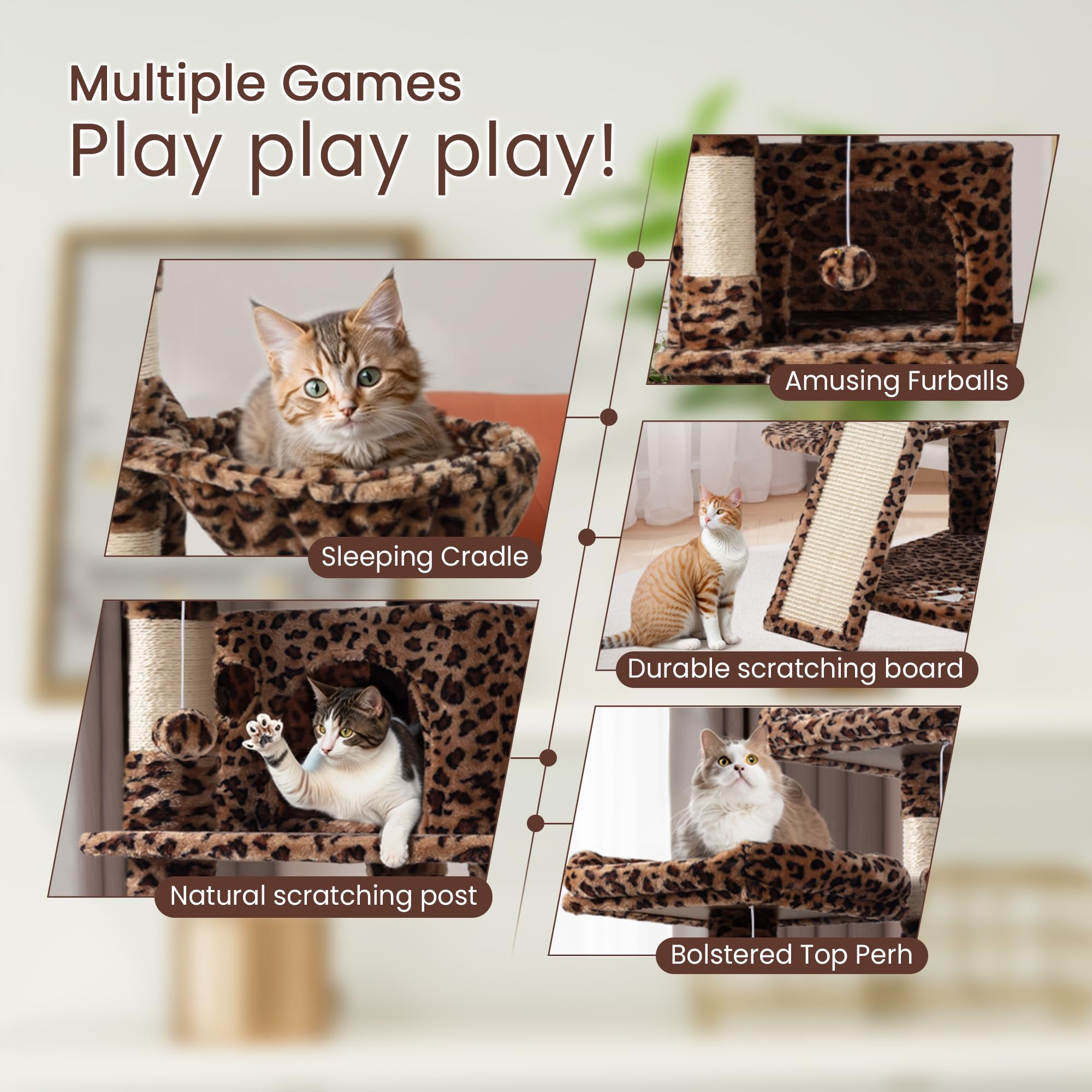 68-Inch Multi-Level Large Cat Tree for Big Cats - Sturdy Cat Tower with Condo, Plush Perches, Sisal Scratching Posts & Hammocks - Leopard Print Activity Center for Play & Rest (Ideal for Large Kitties & Active Cats)