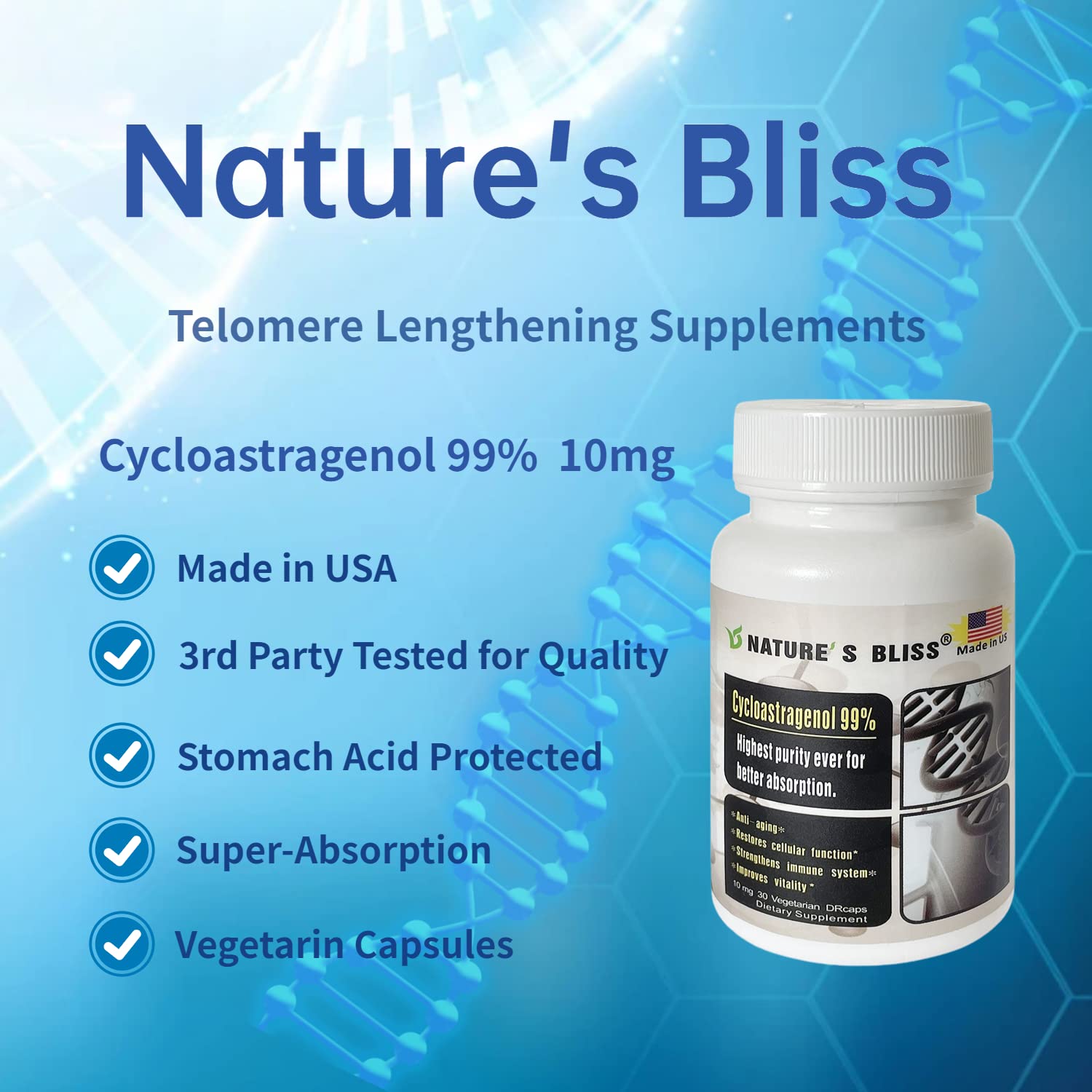 Premium Cycloastragenol 10mg 99% Pure Telomere Supplement - Anti-Aging Telomerase Activator with Stomach Acid Protection & Enhanced Absorption - Supports Cellular Health & Longevity - Made in USA (90 Capsules) - Ideal for Anti-Aging Routine & Wellness Enthusiasts