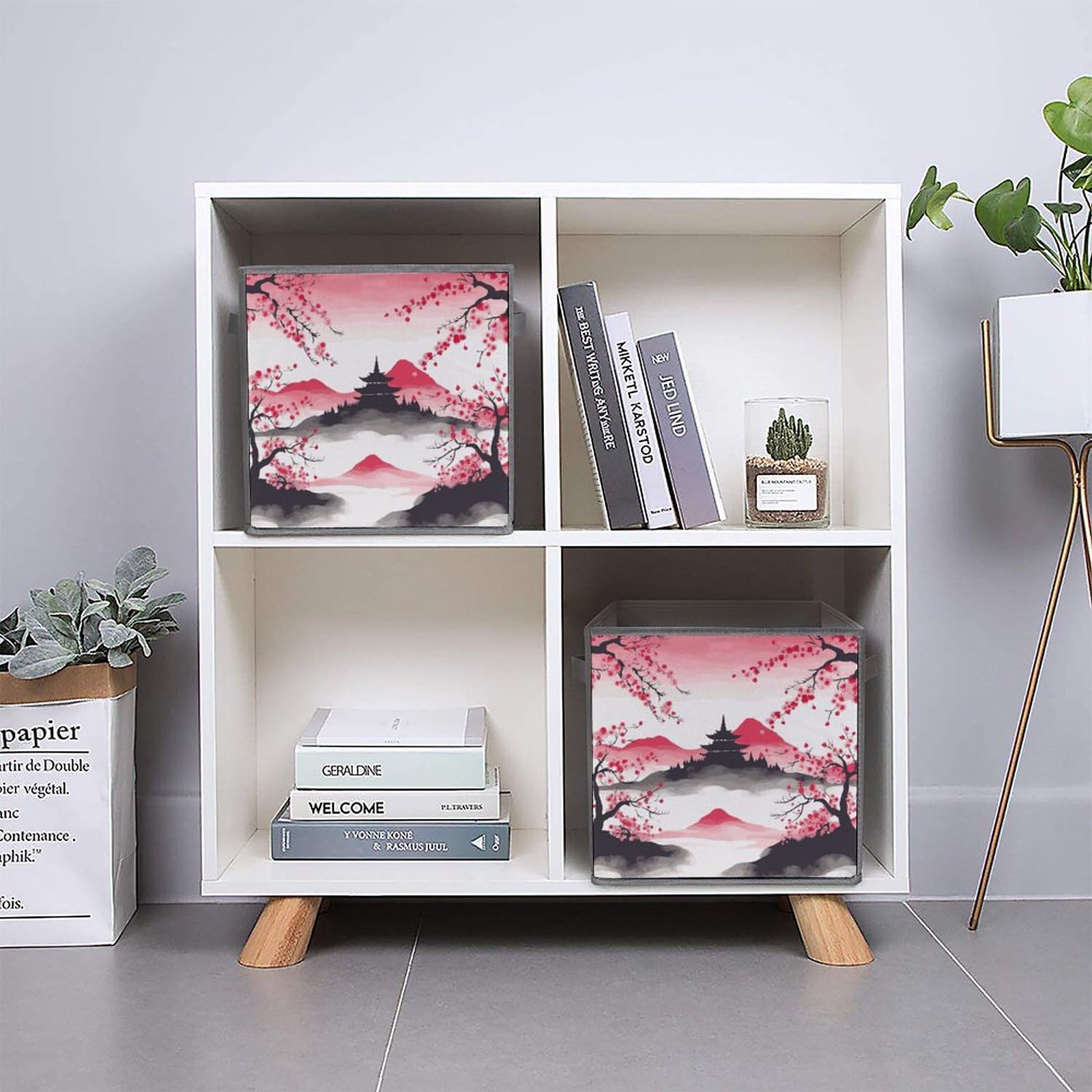 6-Piece Collapsible Storage Bins with Cherry Blossom & Mount Fuji Print - Foldable Storage Containers with Handles for Home Organization, Closet, Pantry, Nursery & Office Shelves | Space-Saving Multi-Purpose Storage Boxes & Baskets