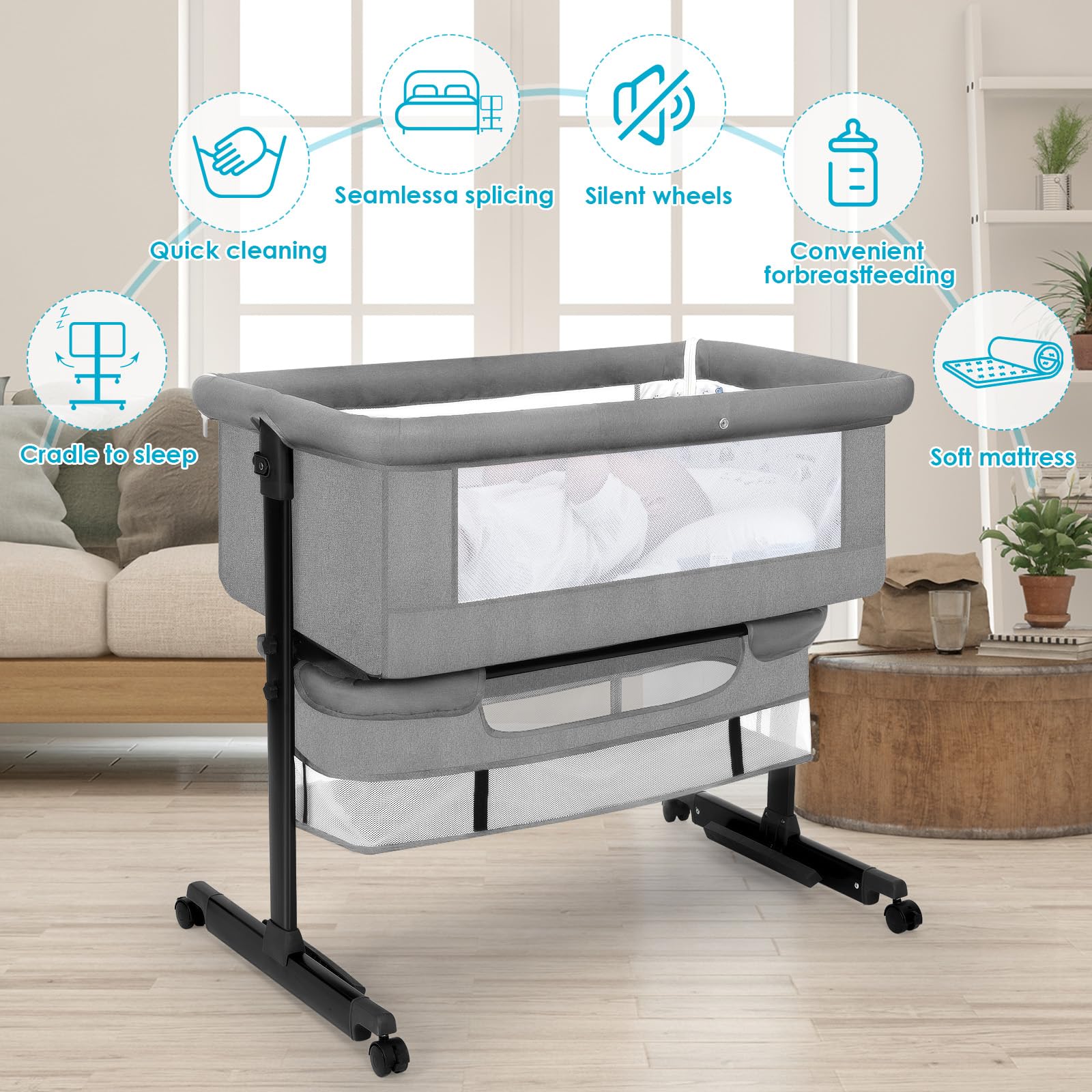 2024 New Style Light Grey Baby Bassinet - Portable Foldable Bedside Sleeper Crib for Boys & Girls | Perfect for Nursery, Travel & Co-Sleeping