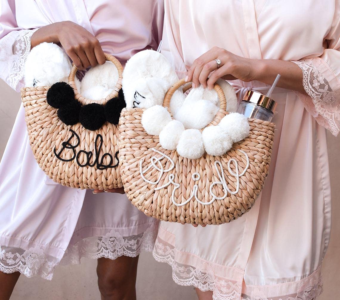 ModParty Handmade Straw Purse for Bride | Elegant Wedding & Honeymoon Accessory | Summer Beach Tote Bag with Pom Poms | Perfect Bridal Shower Gift & Bachelorette Party Essential | Ideal for Beach Weddings, Honeymoon Travel & Summer Outfits