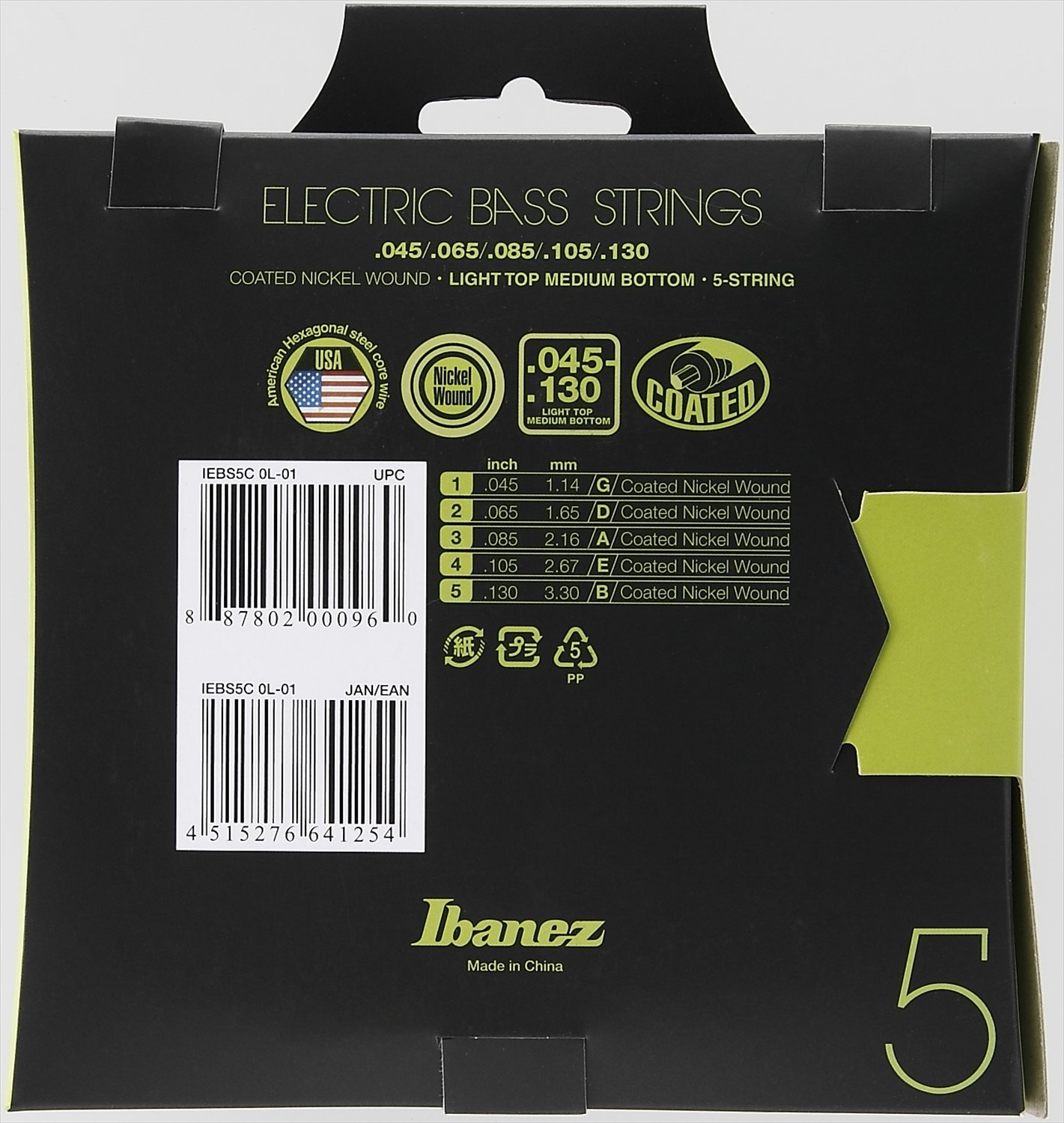 Ibanez IEBS5C 5-String Bass Guitar Strings - Light Top Medium Bottom Gauge, Silver Plated | Perfect for Rock, Metal & Studio Recording