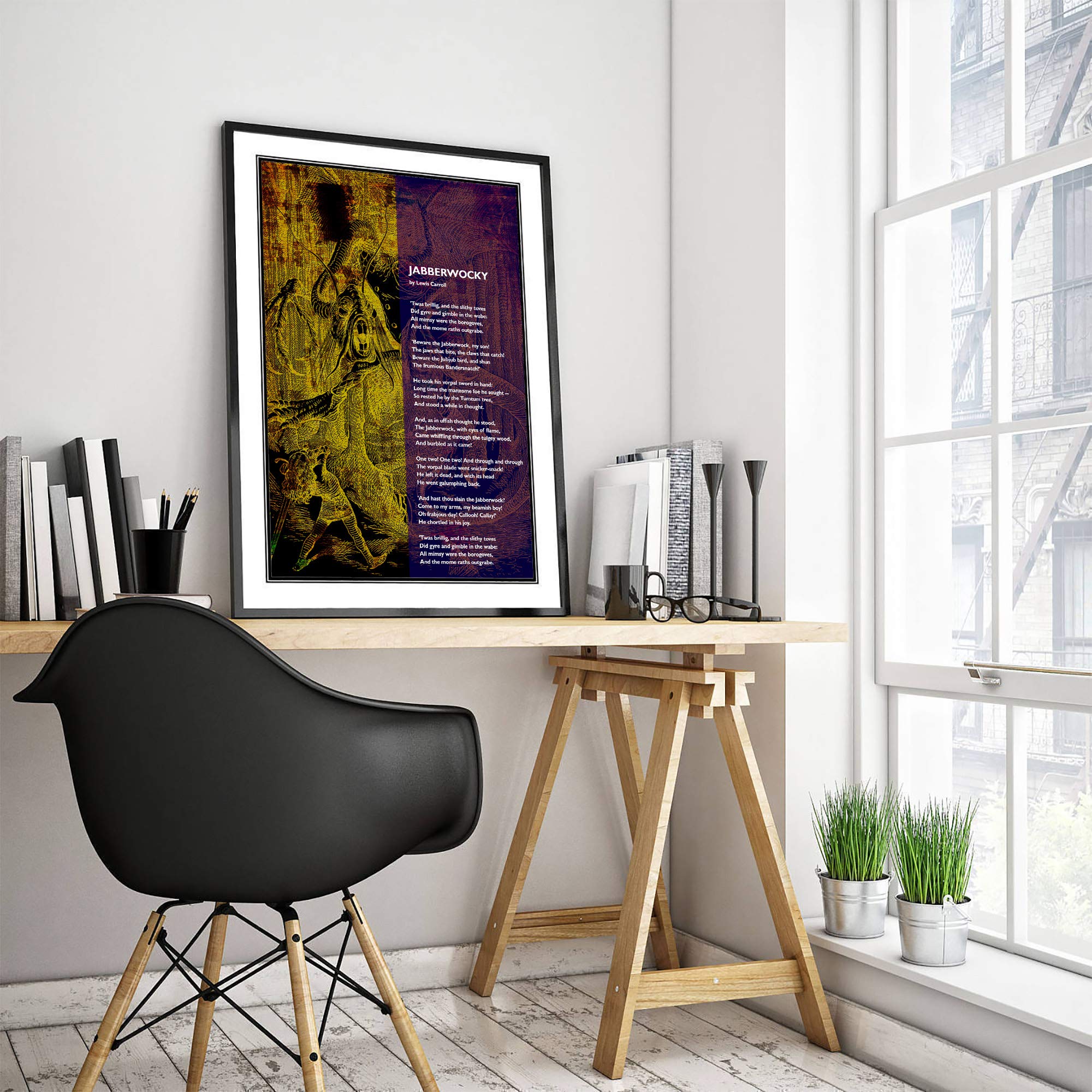 The Jabberwocky Poem Art Print - Lewis Carroll Literary Wall Decor - 18x12 Inch Monster Illustration Poster - Unique Gift for Book Lovers & Home Office Decor