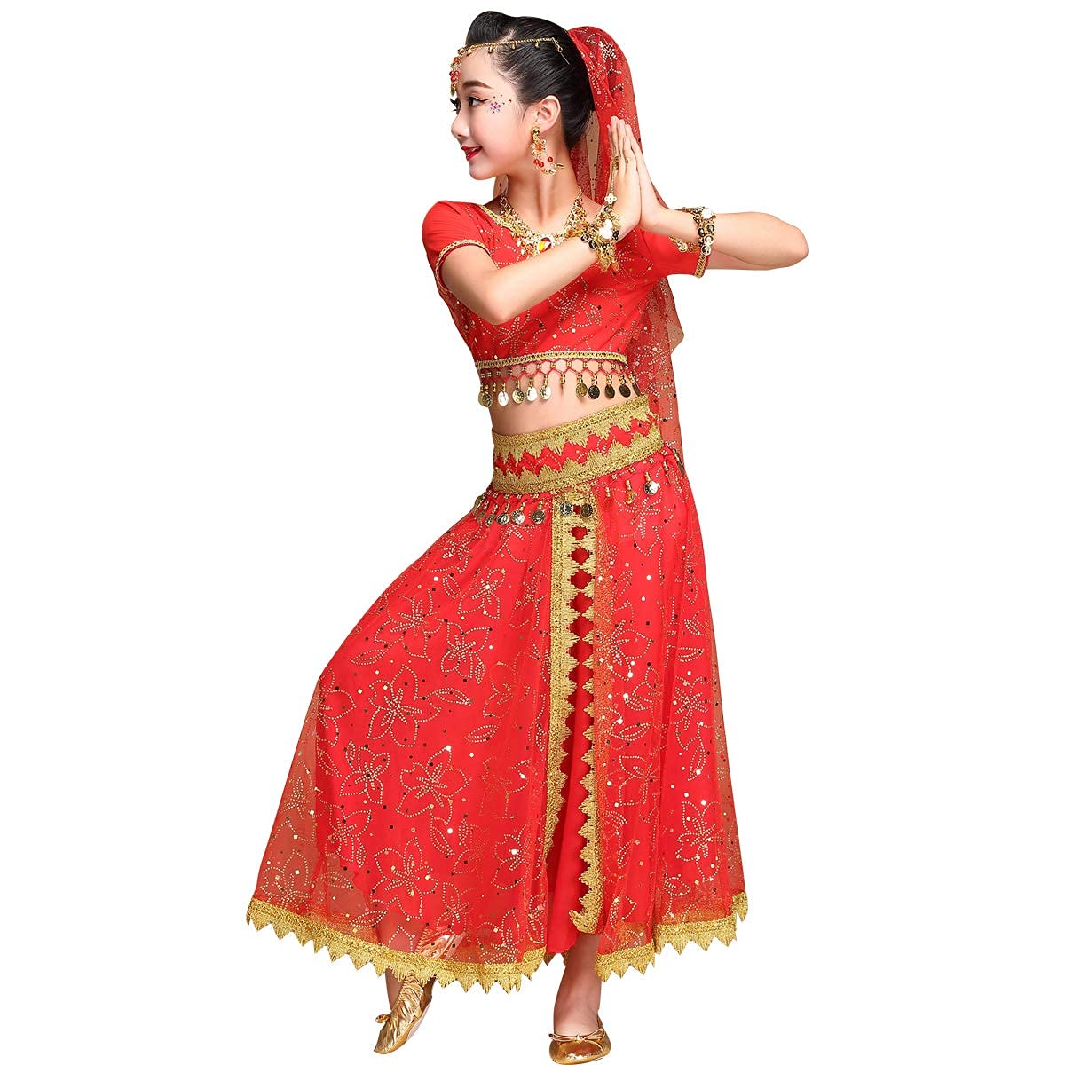 Belly Dance Costume Bollywood Dress - Elegant Chiffon Dance Outfit with Head Veil for Girls, Perfect for Halloween, Parties, and Performances