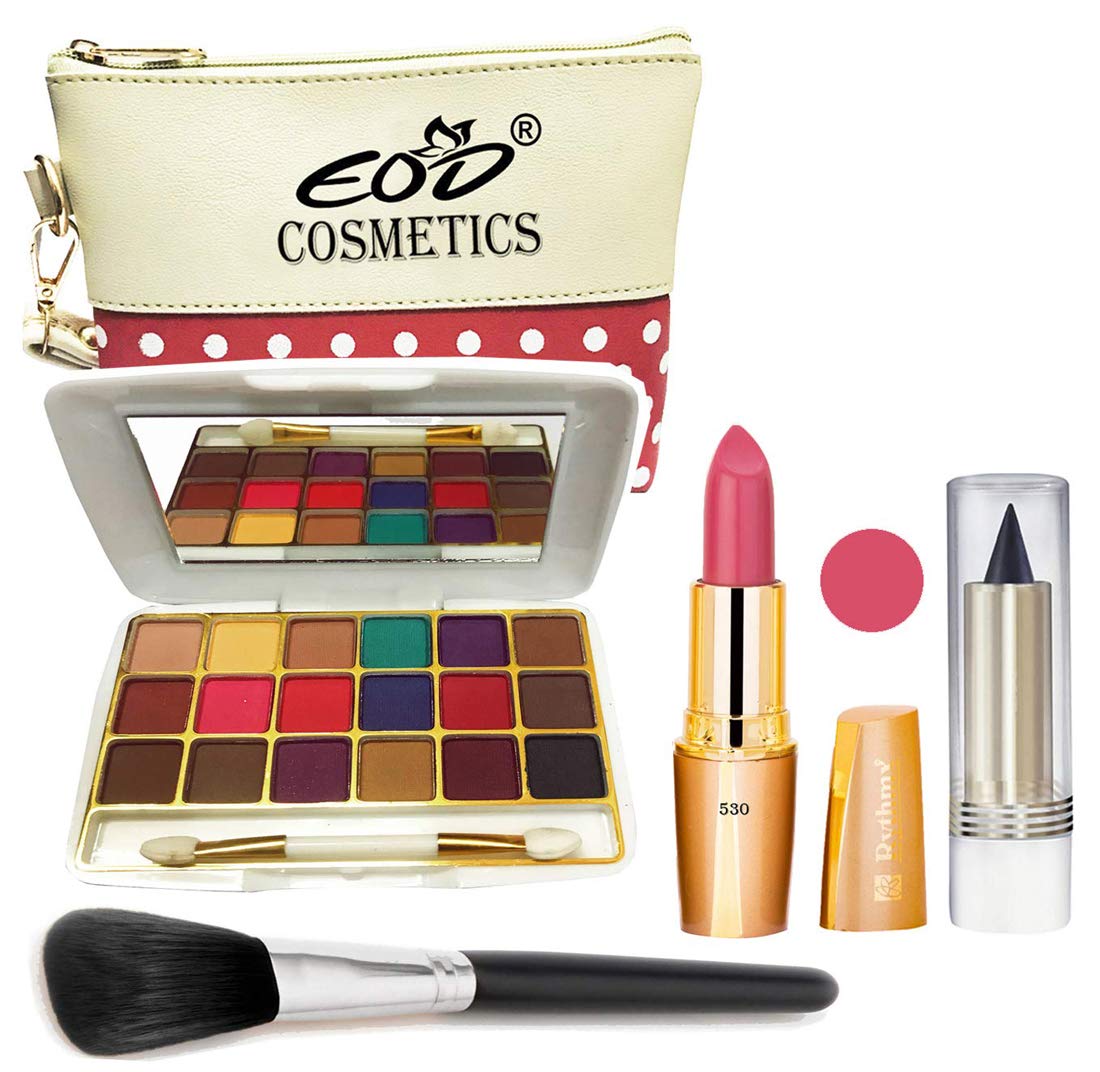 Eod Cosmetics Makeup Kit - 18 Color Eyeshadow Palette, Creamy Matte Lipstick, Makeup Brush & Kajal with Multi-Purpose Pouch (Set of 5) | Perfect for Travel, Parties & Everyday Glam